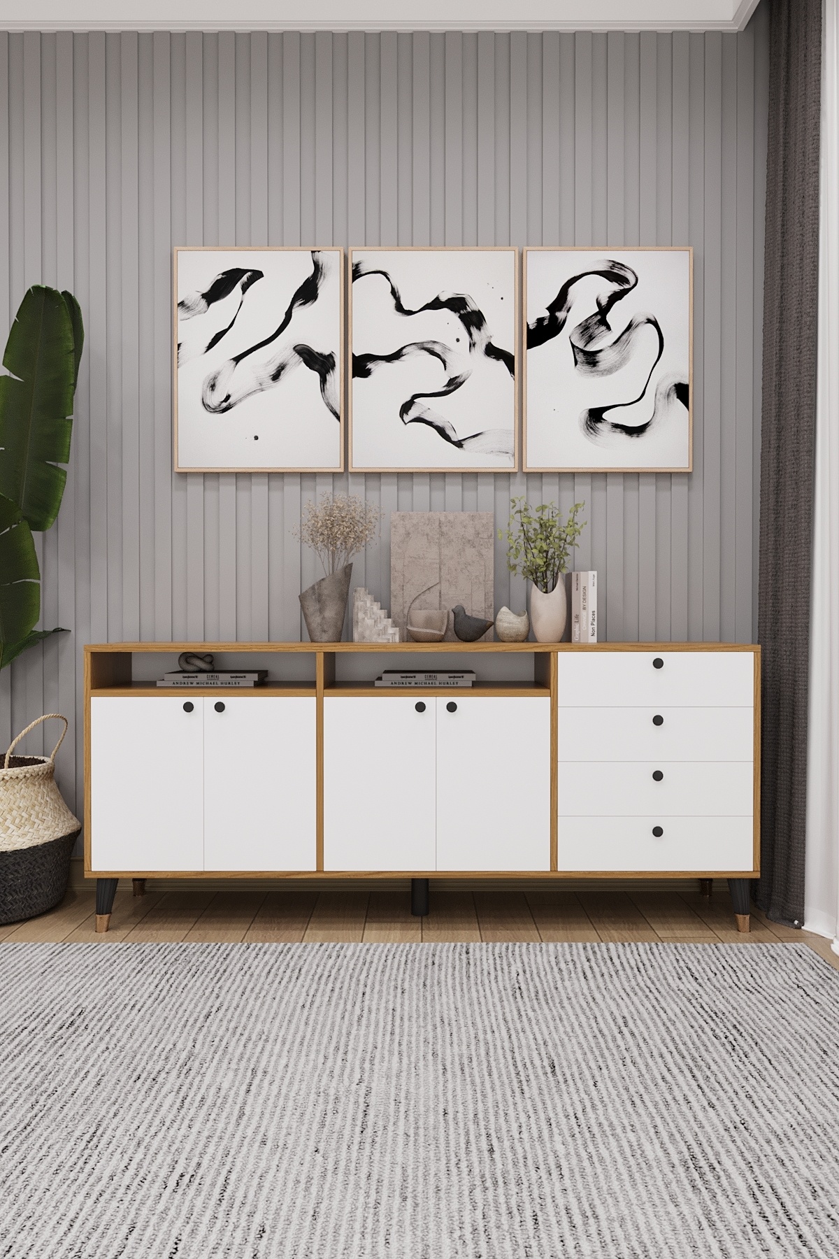 Asra Trend Modern Konsol ve TV Ünitesi 4 Çekmeceli, 4 Kapaklı, Depolama Alanı, Çok Amaçlı Dolap Büfe KNSL-06