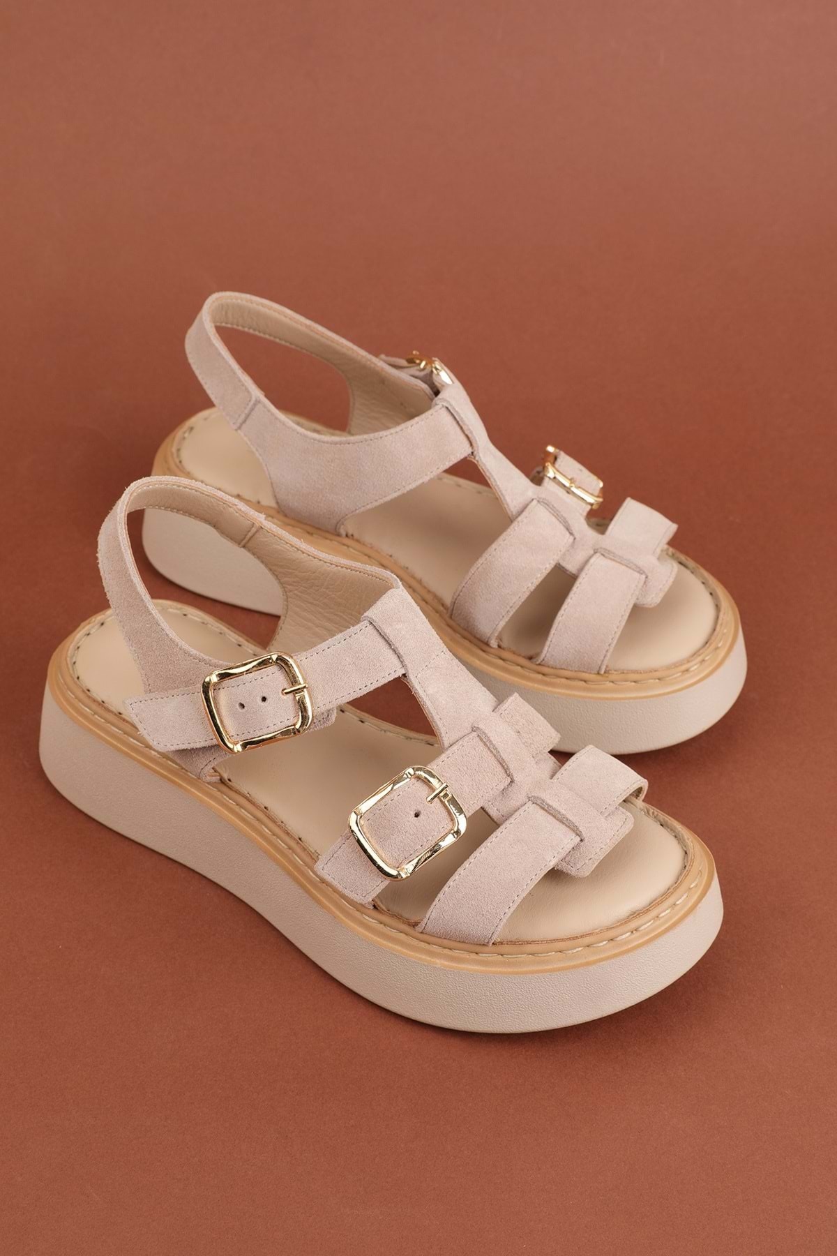 Gondol Hakiki Deri Rahat Günlük Sandalet asy.1169 Bej Süet