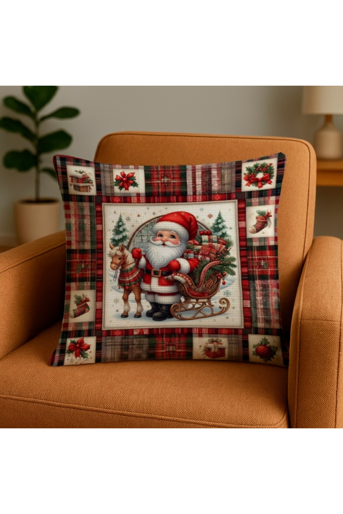Digital Printed Santa Claus Plaid Patterned Pillow Case 43x43cm (Santa Cushion Cover)