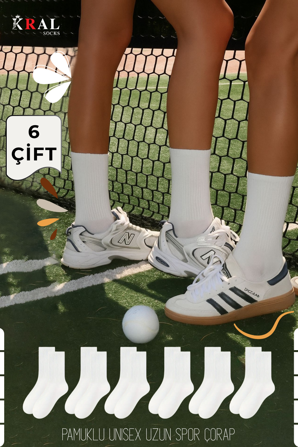 KRAL SOCKS 6 Çift Unisex Beyaz Pamuklu Tenis Soket Terletmez Spor Çorap