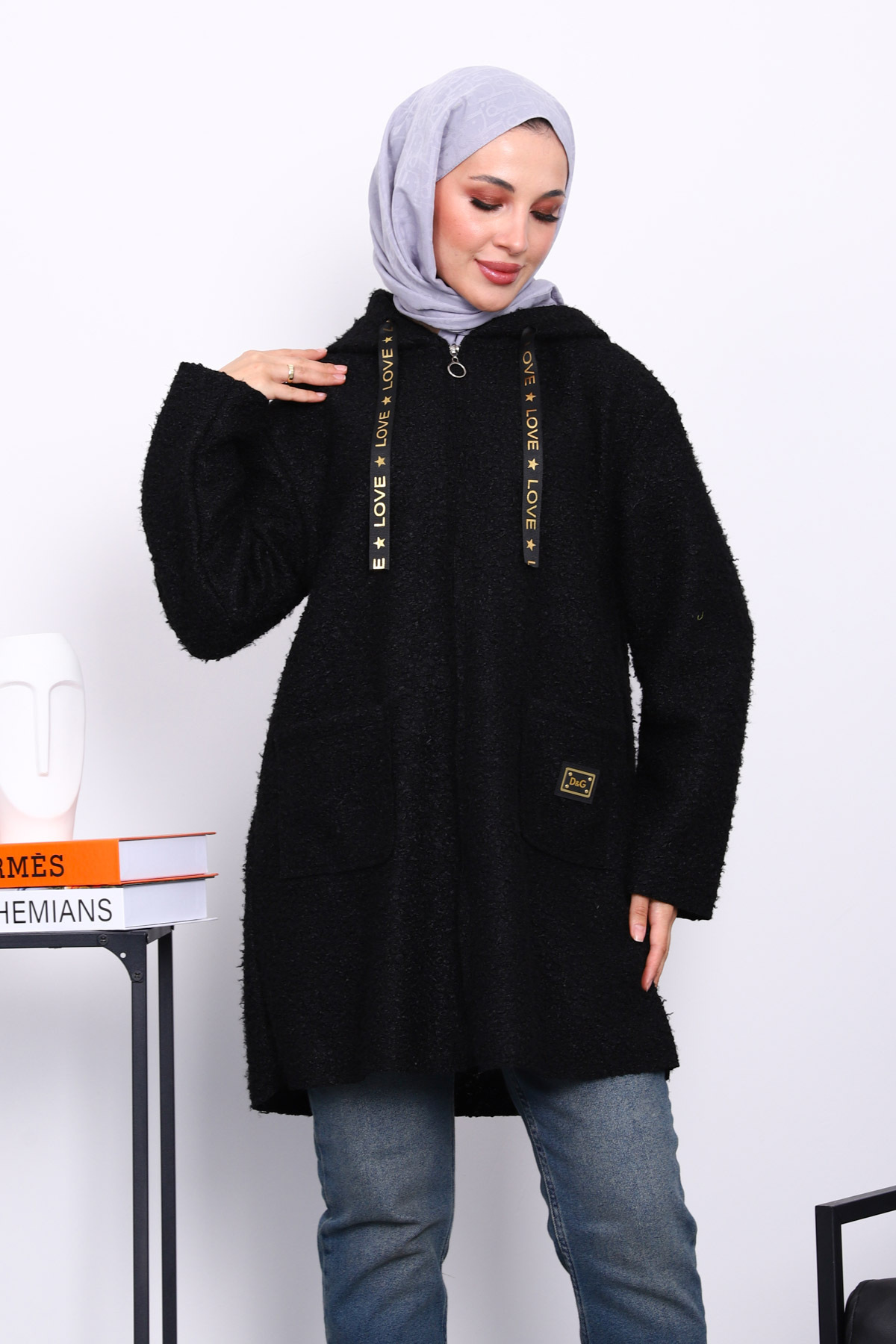 İmajButik Siyah Kapşonlu Cepli Buklet Kaban