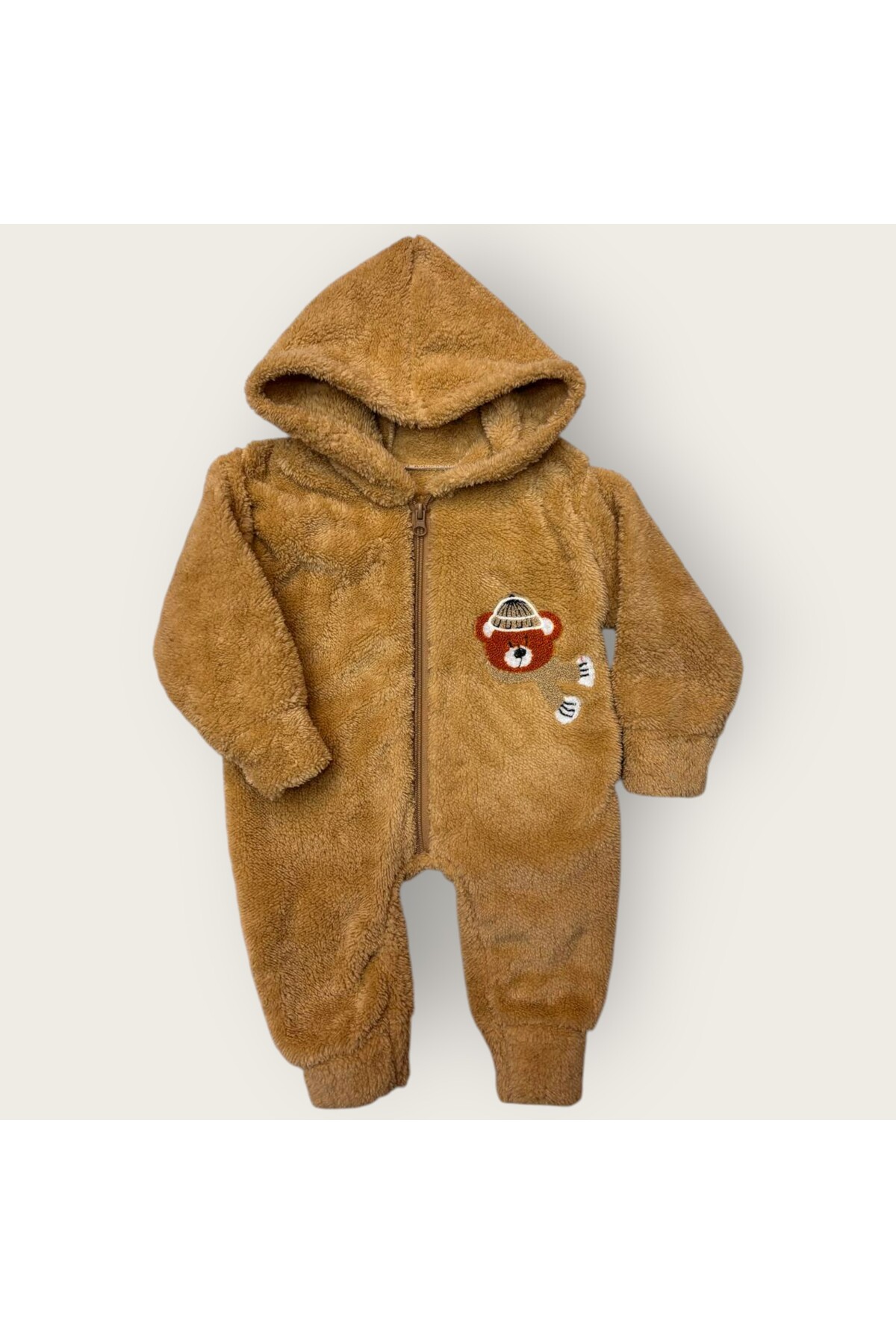 Hirazenmoda Bebek Peluş Tulum Ayıcık Desenli Kapüşonlu Fermuarlı Kışlık Model fotoğrafı 2 (önizleme)