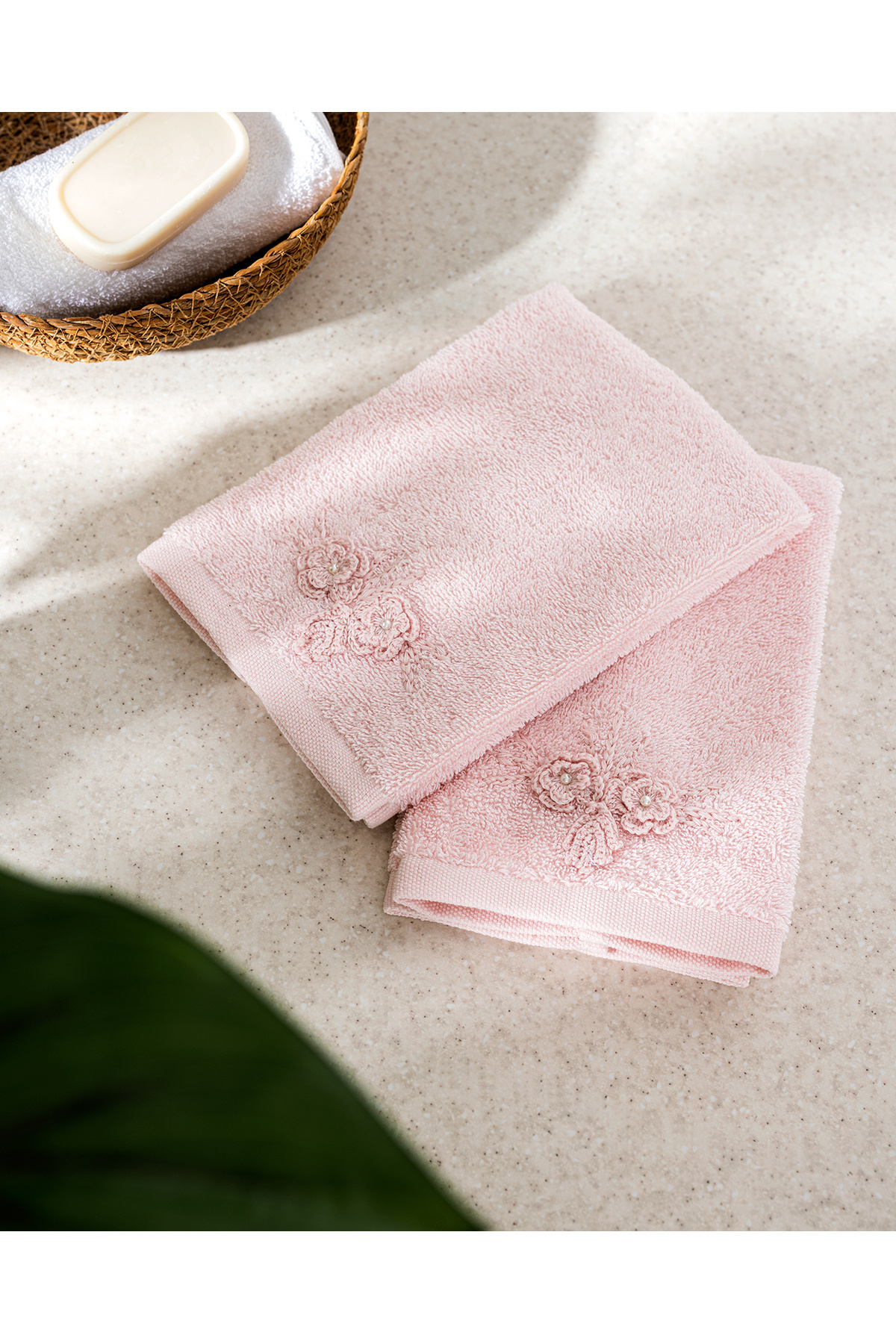 Madame Coco Rosabell 2'li %100 Pamuk Kroşeli El Havlusu - Pudra - 30x40 cm