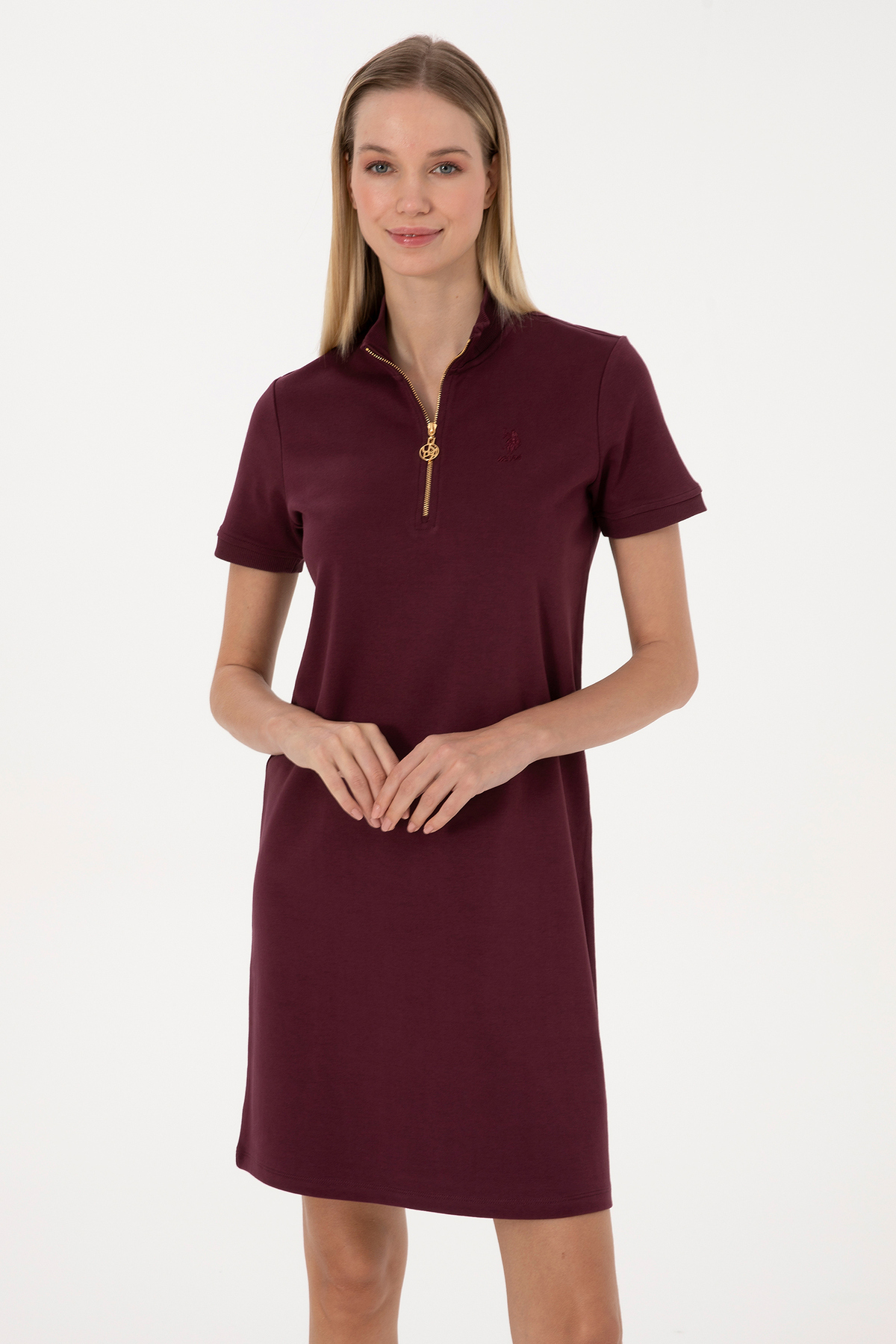 U.S. Polo Assn.  Kadın Bordo Fermuarlı Dik Yaka Mini Boy Örme Elbise 50314216-VR177 - Görsel 2