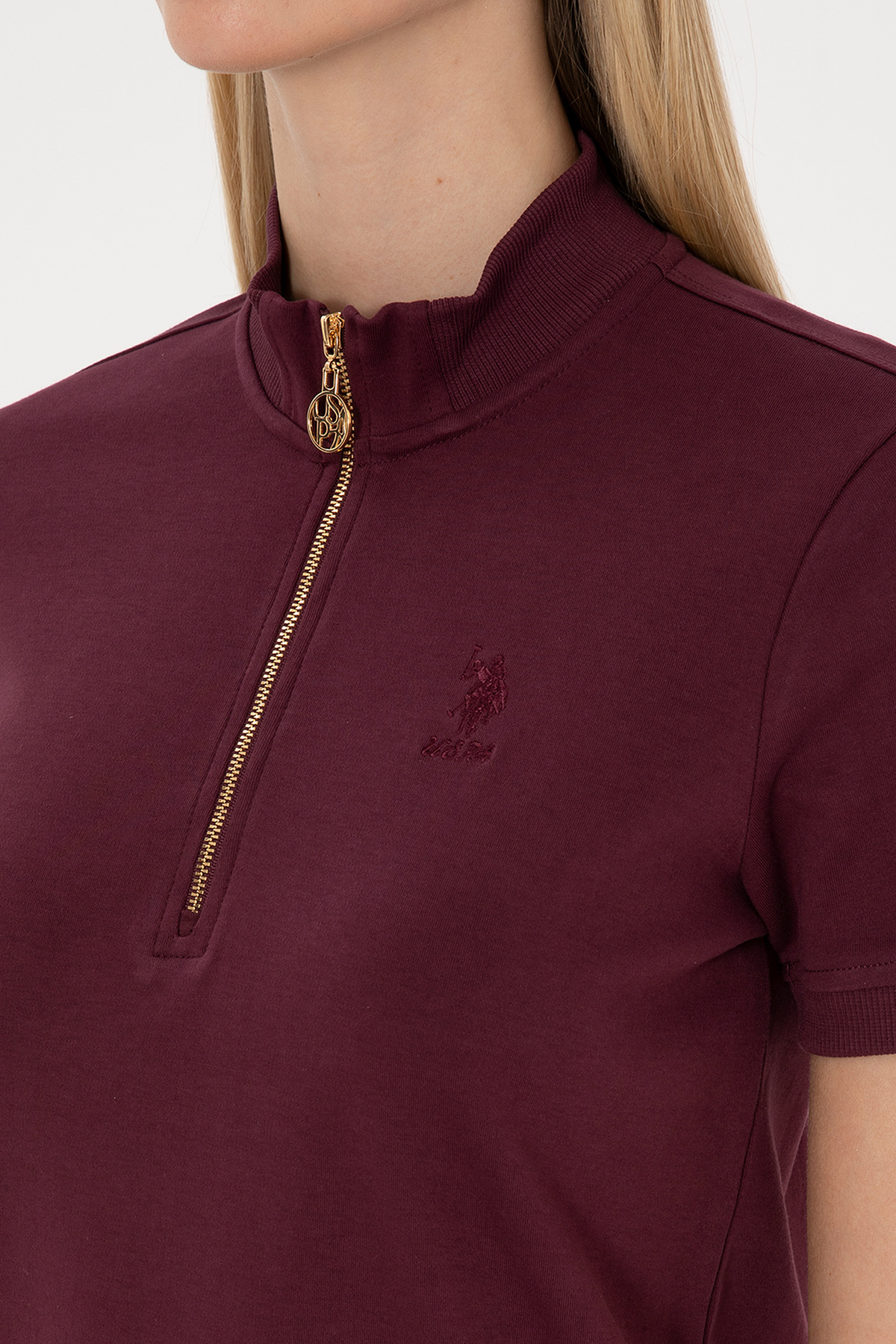 U.S. Polo Assn.  Kadın Bordo Fermuarlı Dik Yaka Mini Boy Örme Elbise 50314216-VR177 - Görsel 6