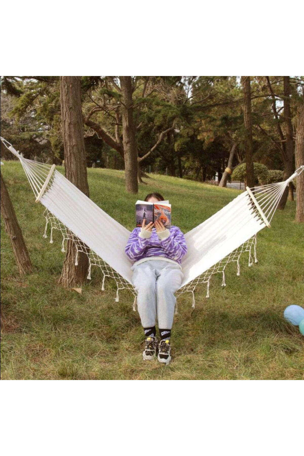 buz Double hammock with fringes, wooden frame, for garden or yard