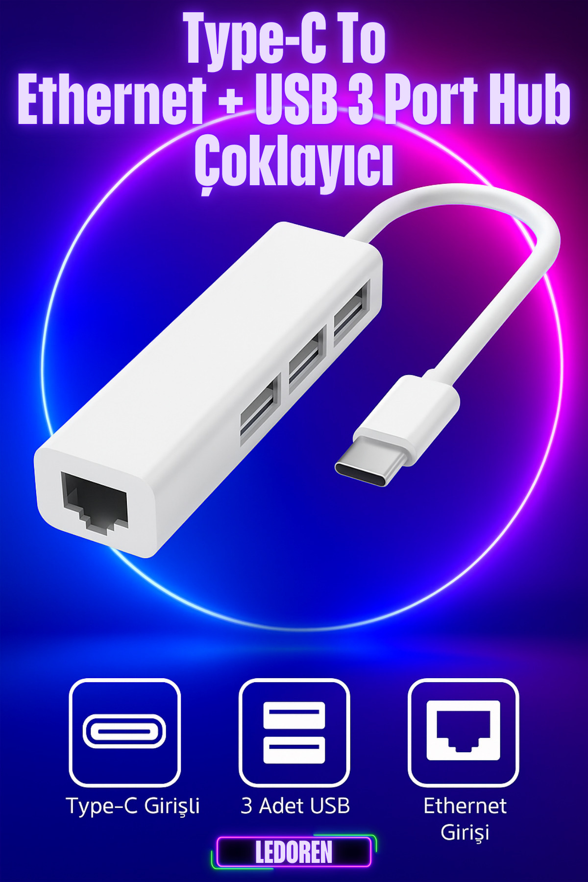L'eDoren Type-C To RJ45 Ethernet + USB 3 Port Hub Çoklayıcı Bilgisayar/Cep Telefon/İpad