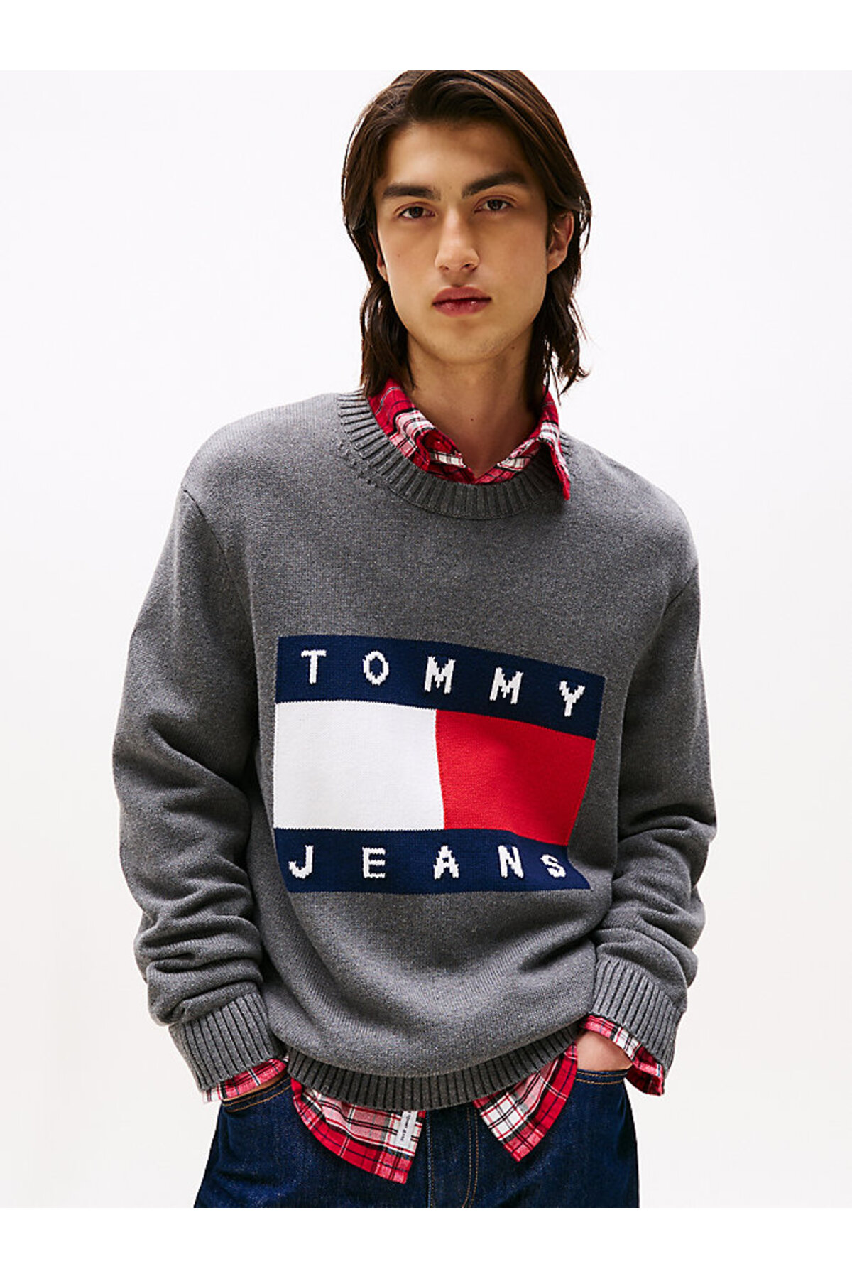 تامی هیلفیگر پلیور مردانه خاکستری TJM مدل REG MELANGE FLAG - DM0DM22105
