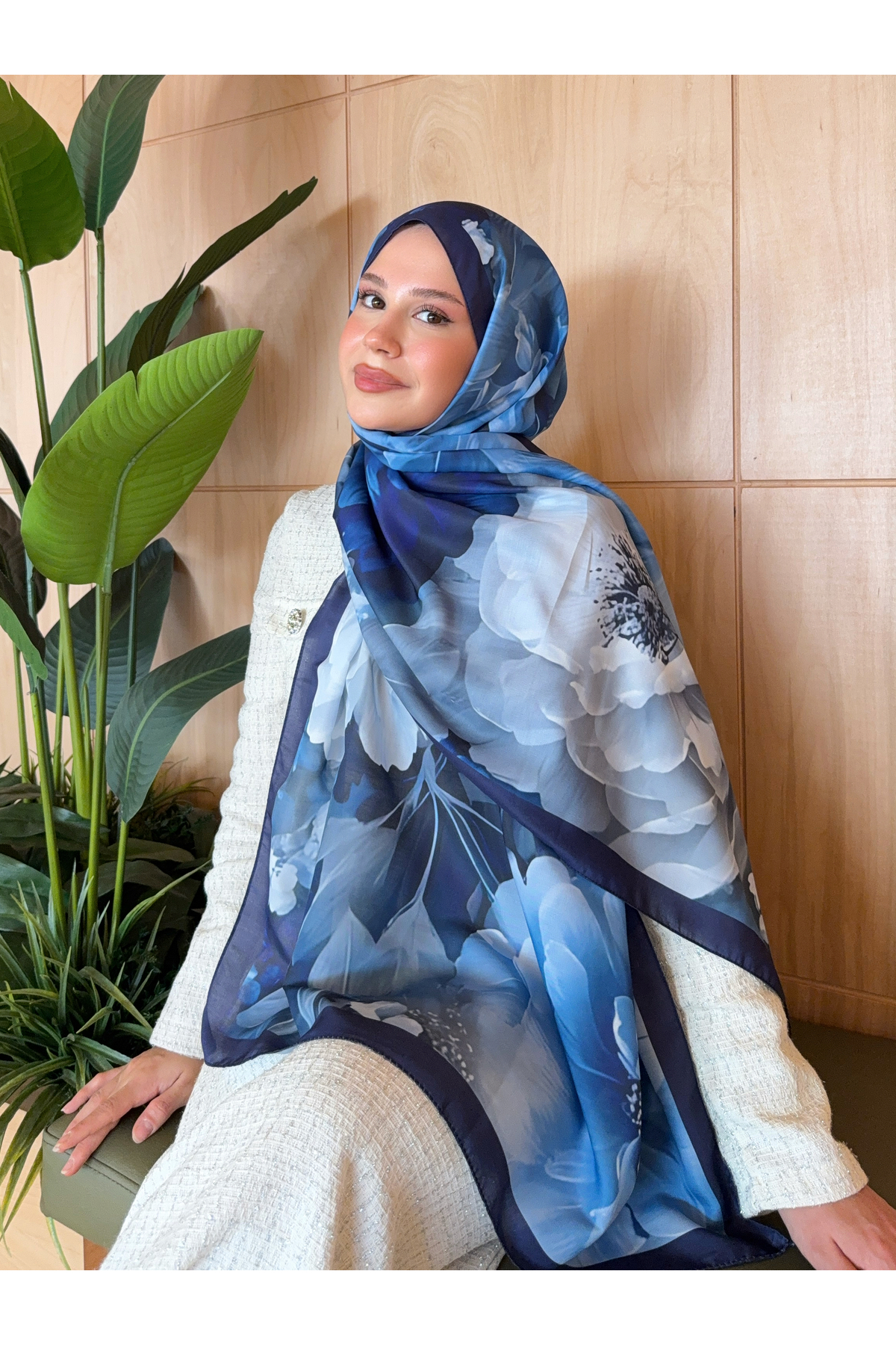 Mira İpek  Desenli Pamuk Soft Şal Soon Serisi Lacivert Mavi ps154 - Görsel 6