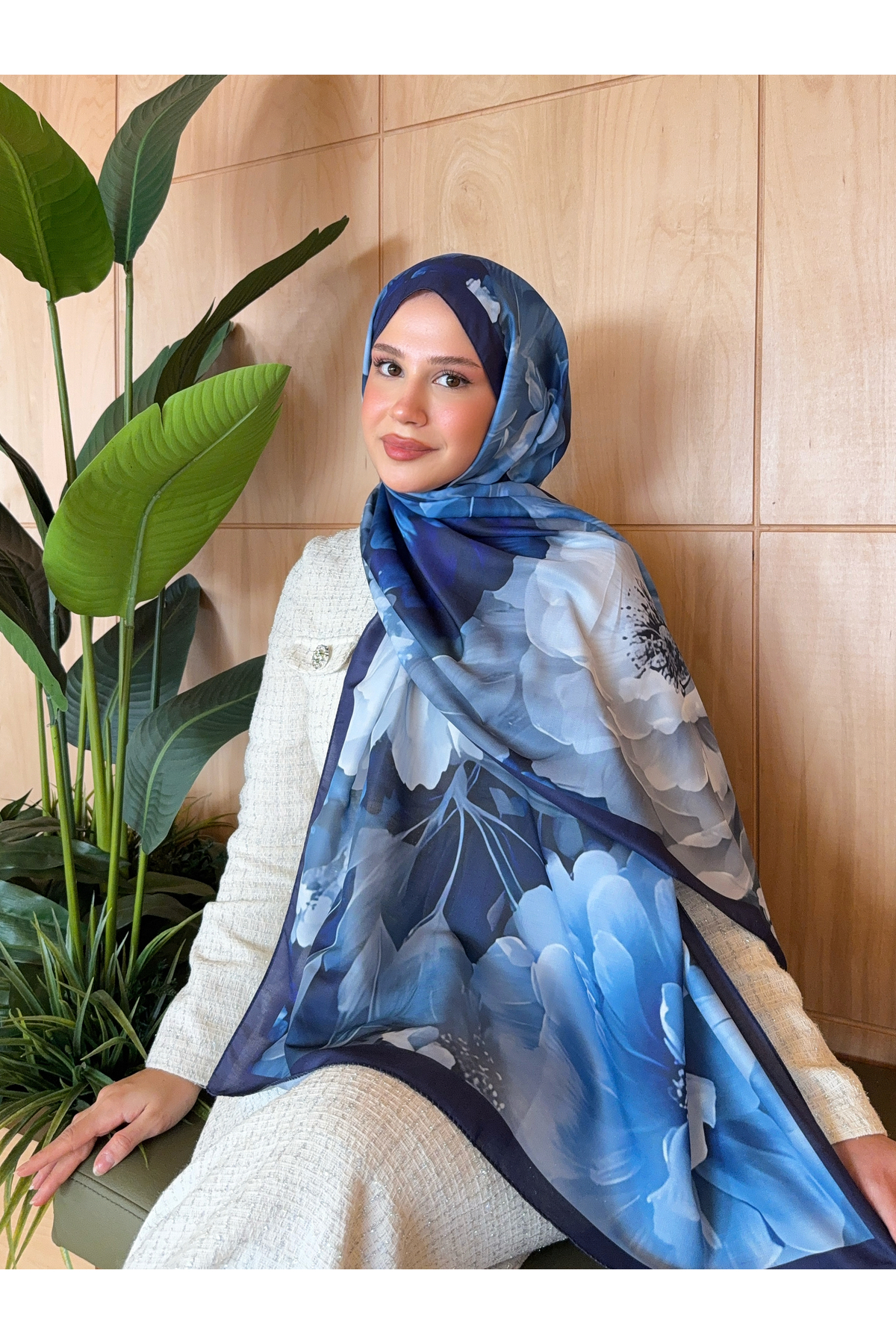Mira İpek  Desenli Pamuk Soft Şal Soon Serisi Lacivert Mavi ps154 - Görsel 4