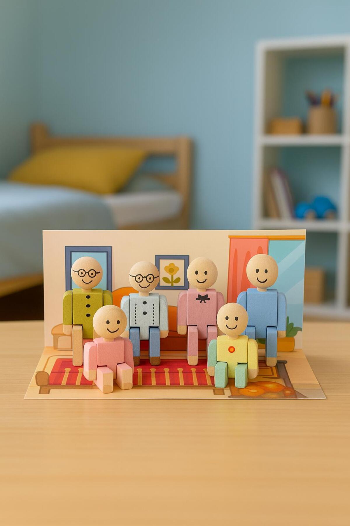 hak-iş oyuncak Ahşap Mini Aile Seti – 25x12 cm Renkli Oyuncak Ev Aksesuarı