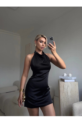 Zora Butik Sırt Dekolte Saten Elbise - SİYAH