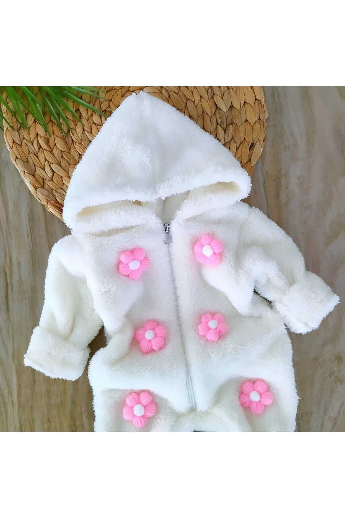 bebe kervanı Kız Bebek %100 Pamuklu Beyaz Düğme Detaylı Kışlık Peluş Tulum BBK1140 fotoğrafı 5 (önizleme)