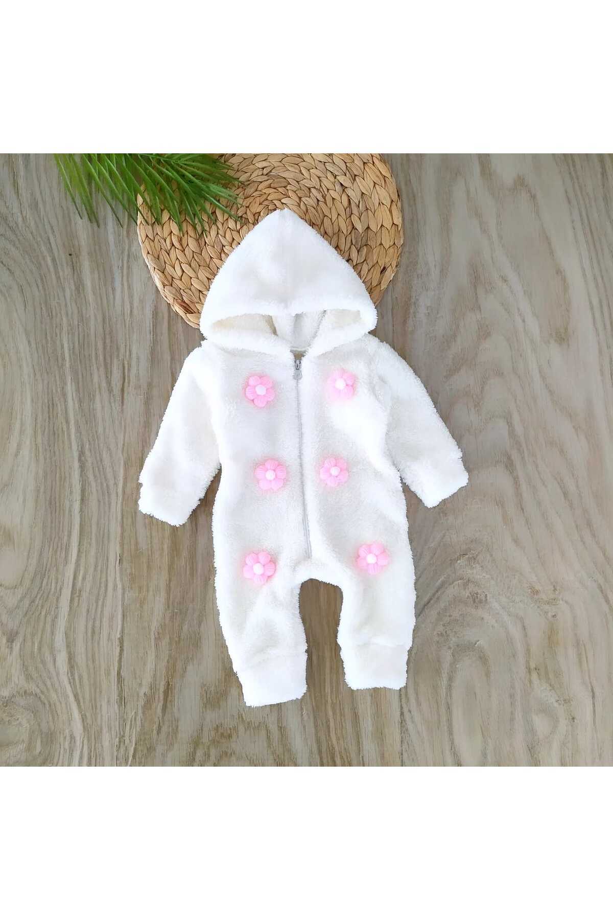 bebe kervanı Kız Bebek %100 Pamuklu Beyaz Düğme Detaylı Kışlık Peluş Tulum BBK1140 fotoğrafı 3 (önizleme)