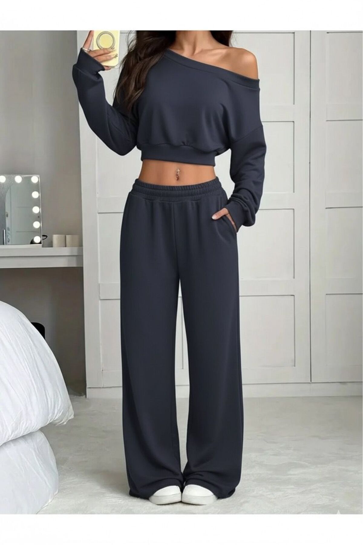 Women's Boat Neck Sweatshirt Joggers 2pcs Bottom Top Set