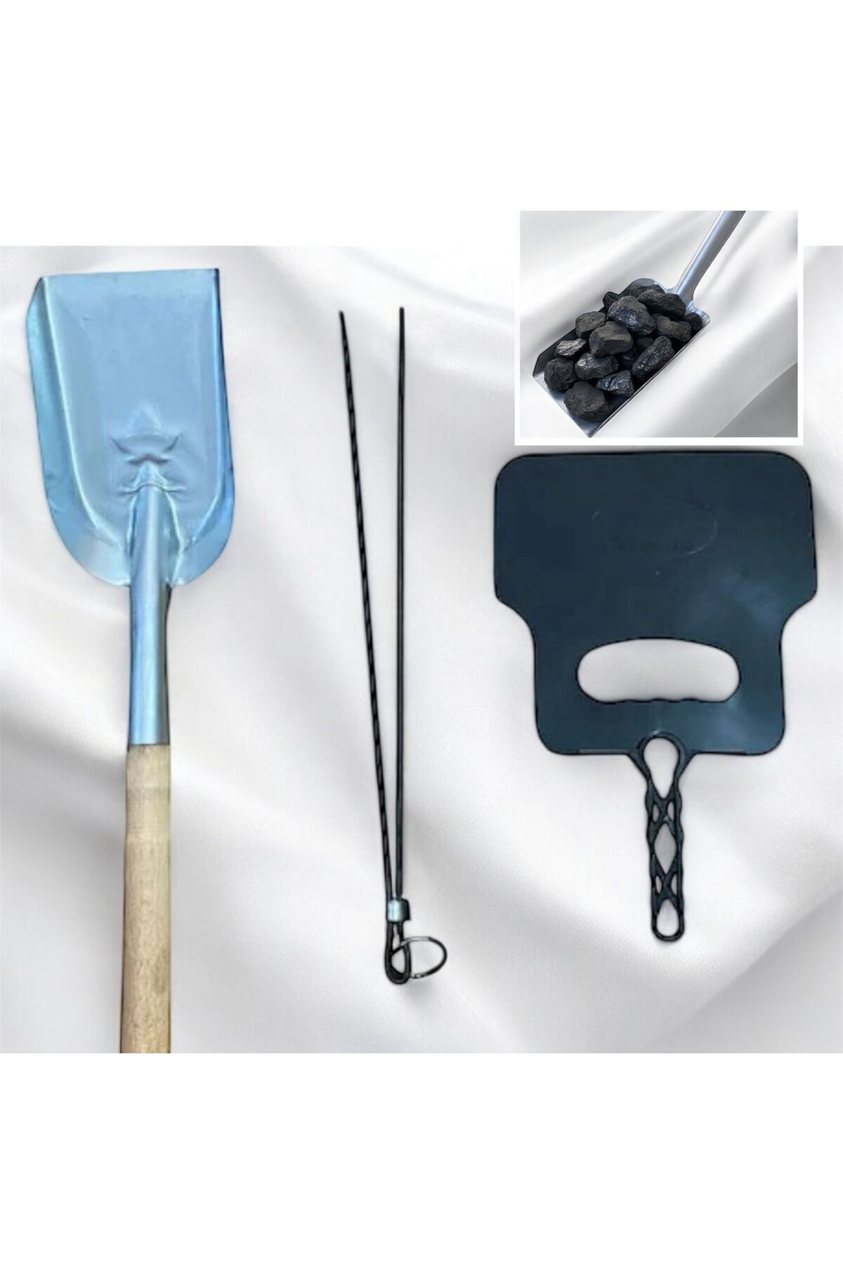 YILMAZNARGİLE Mangal Aksesuar Seti 3 Parça- Ateş Küreği-Kömür Köz Maşası - Plastik Yelpaze,Kürek,Maşa,Yelpaze