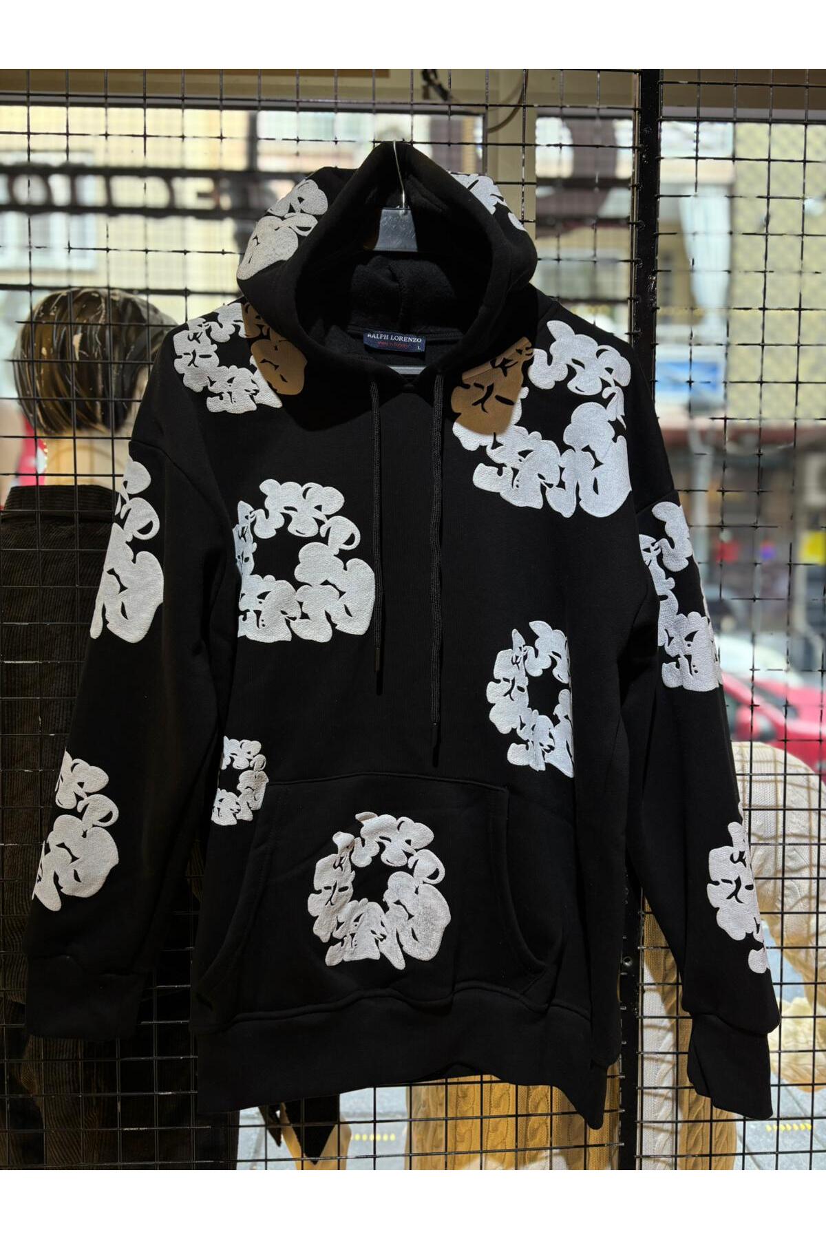 Q45collection DENİM TEARS MODEL ÜÇİPLİK KAPÜŞONLU SWEATSHİRT