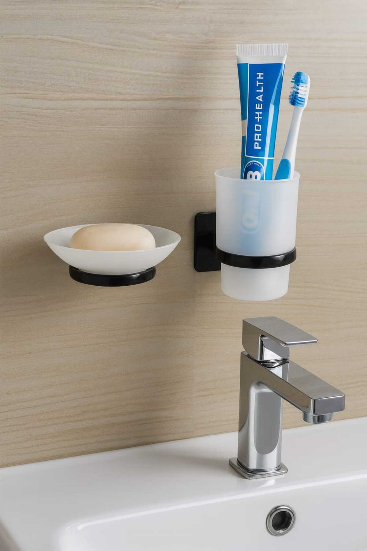 EGE HOME STORE Yapıskanlı 2 li süper set diş fırcalık askısı sabunluk