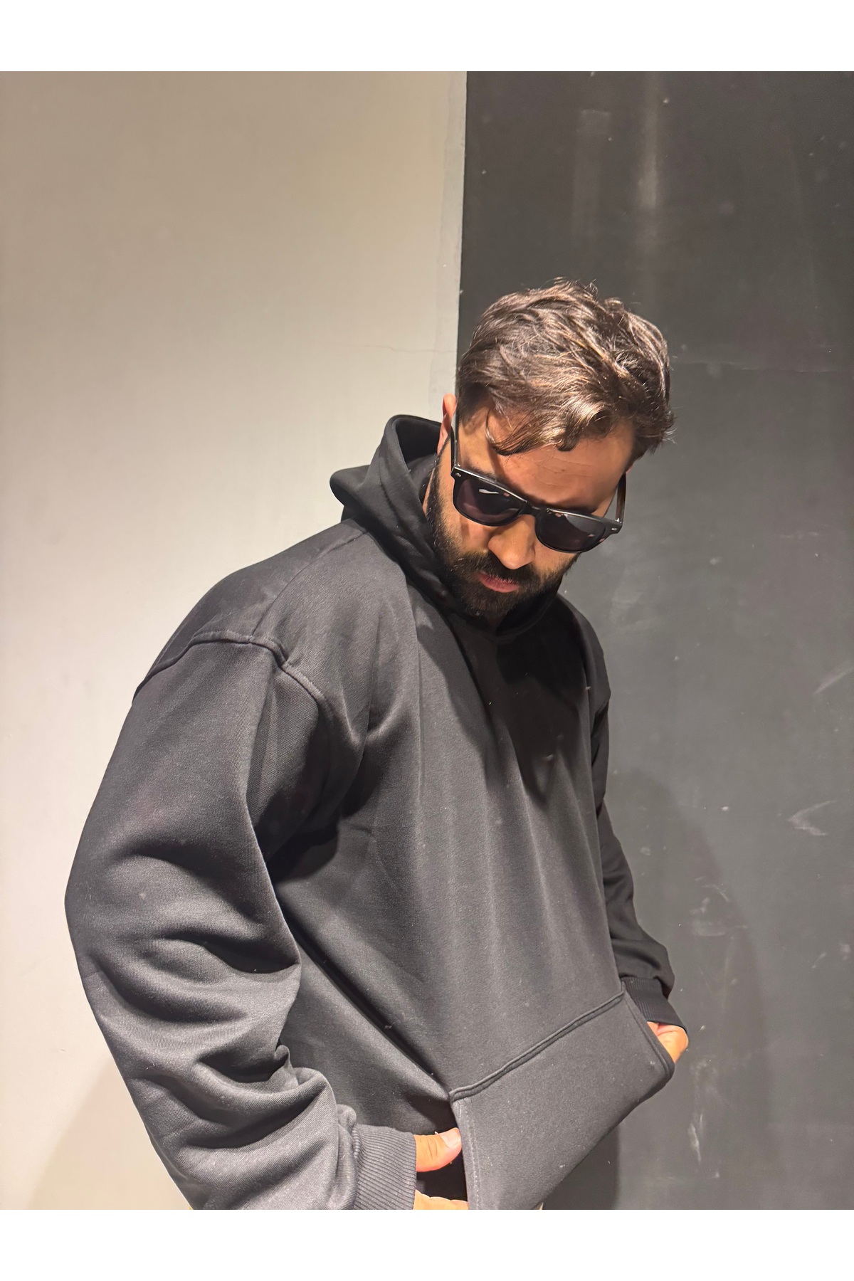 Bas Body FitnessWear Siyah Kapşonlu 3 iplik Şardonlu Battal Beden Geniş Kesim görsel 4