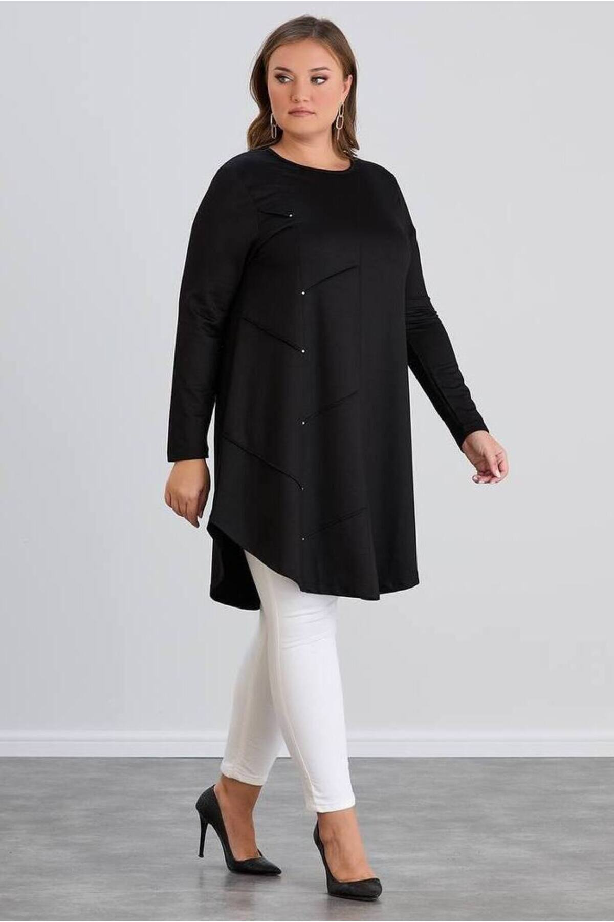 FOR ESRA BIG TREND Kadın Büyük Beden Nervür Dikiş Taş Detay Uzun Kol Alt Oval Kesim Esnek Viskon Tunik