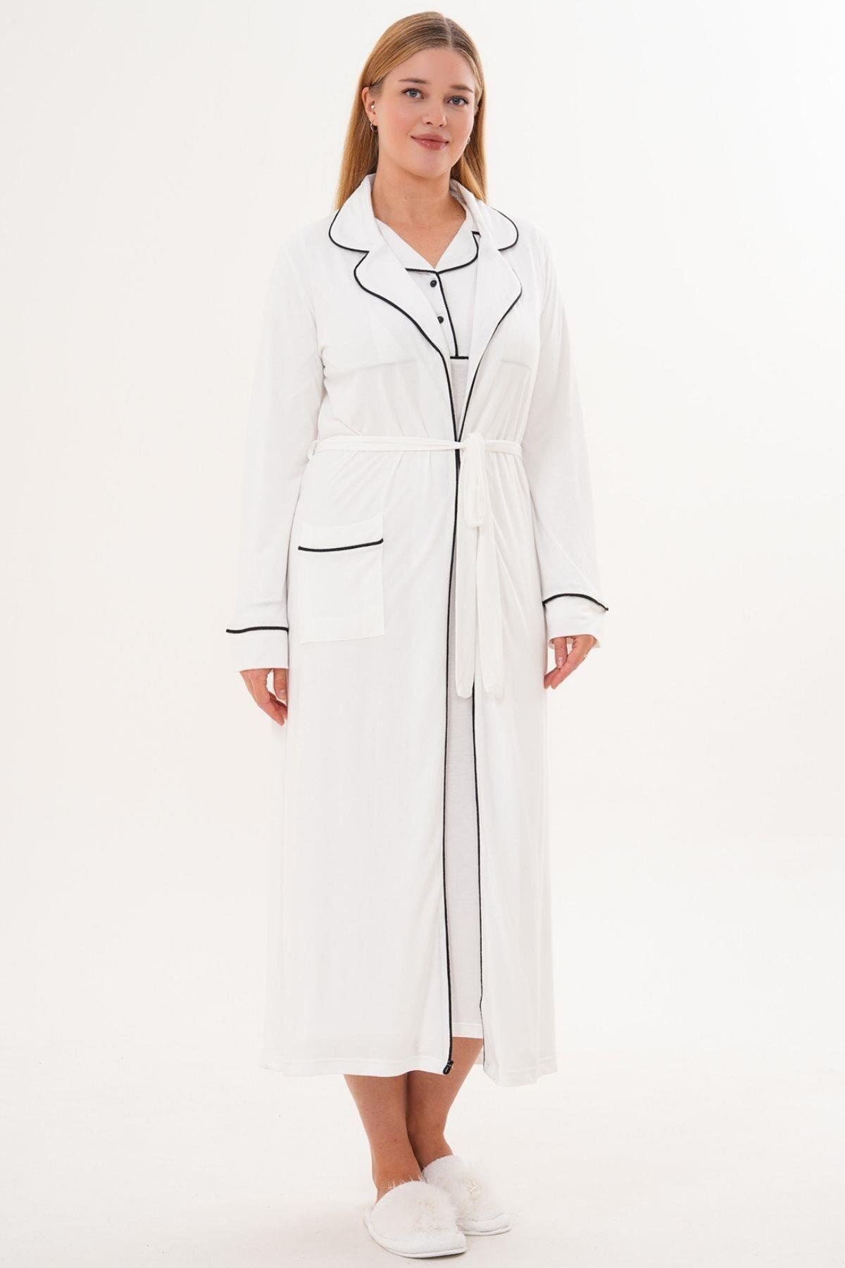 Mecit Pijama Mecit 6334 Ekru Kadın Sabahlıklı Gecelik Takım