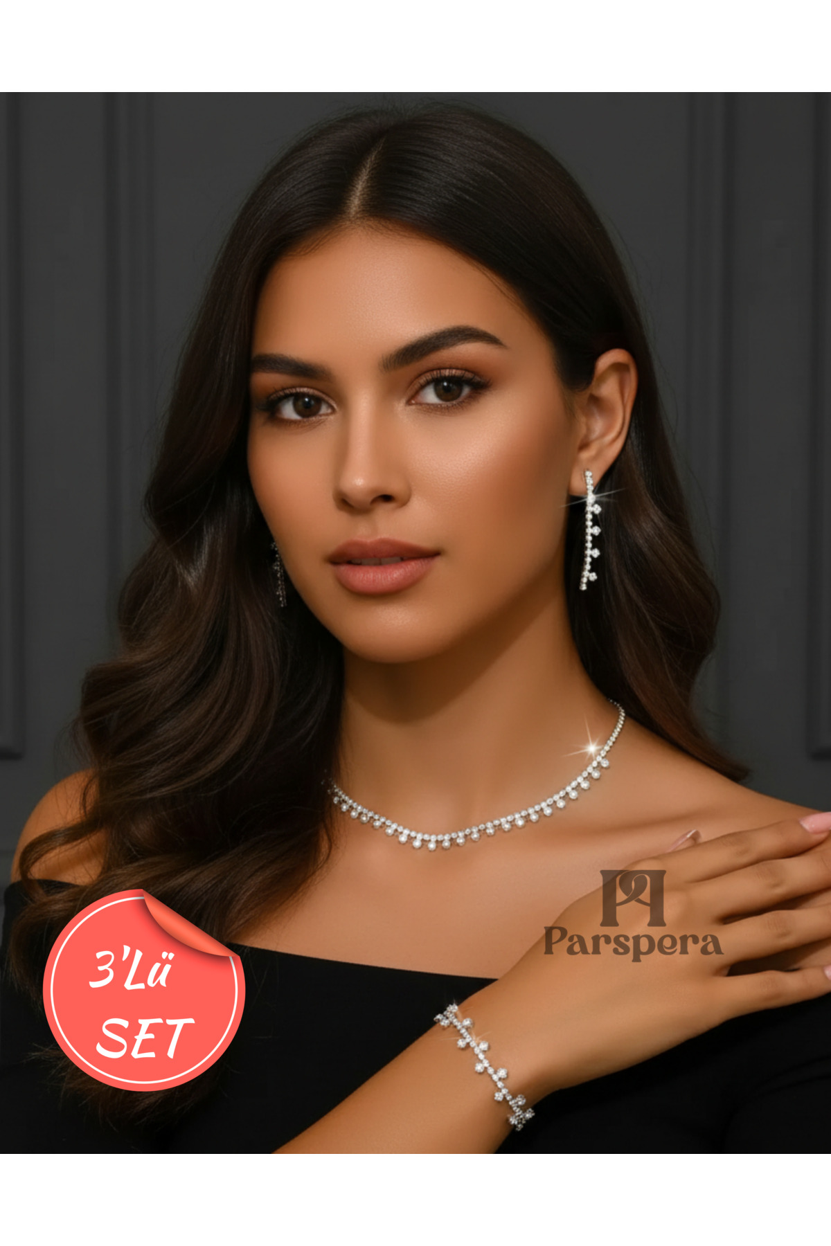 Gümüş Kaplama Zirkon Taşlı Sarkıt Takı Set ( Bileklik, Kolye ve Küpe ) 3 Lü Set Düğün Nişan Davet