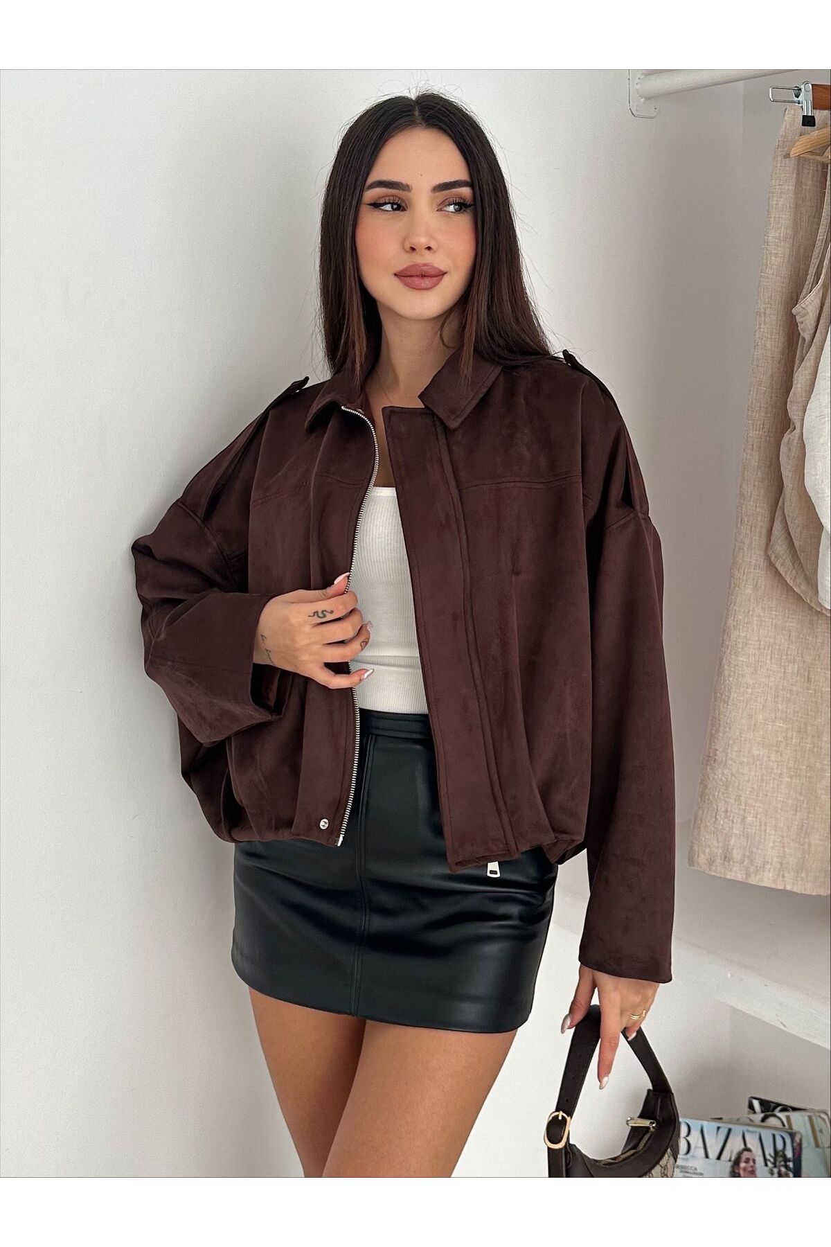 Genel Markalar  Oversize Apolet Detaylı Süet Kumaş Ceket - Görsel 3