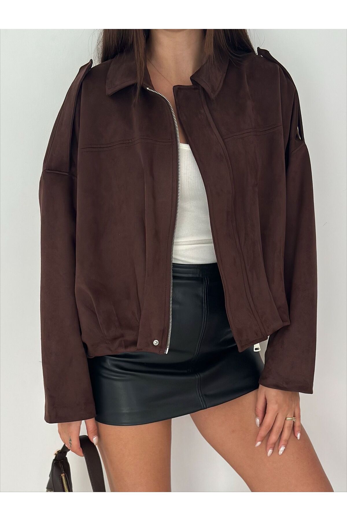 Genel Markalar  Oversize Apolet Detaylı Süet Kumaş Ceket - Görsel 8