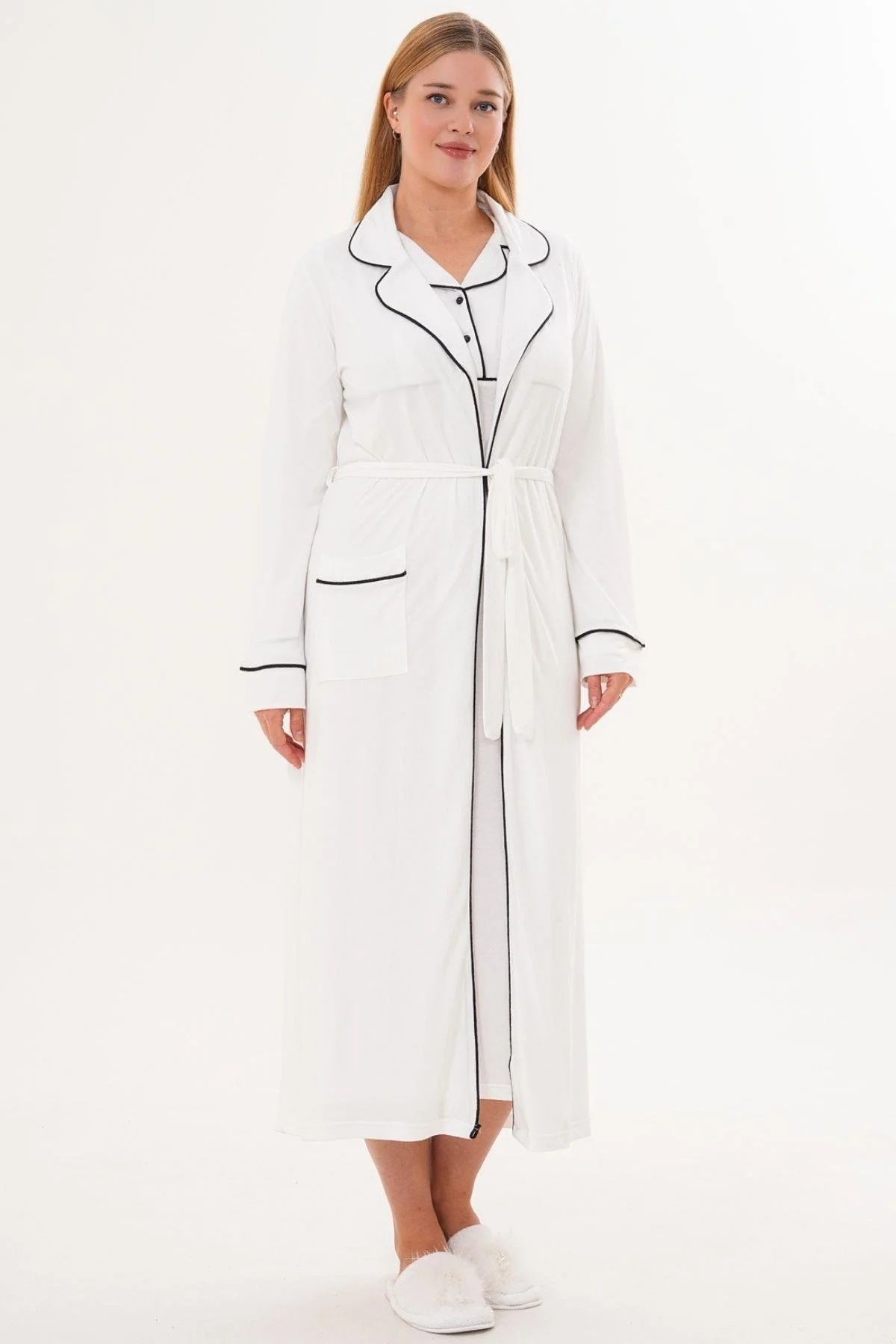 By Mecit Pijama Kadın Gömlek Yaka Uzun Kollu Sabahlıklı Gecelik 2'Li Takım %65 Pamuk %35 Viskon