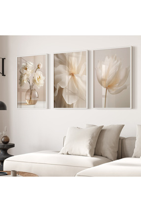 NT Handmade Lamine Çerçeveli PVC Korumalı 3’lü Modern Çiçek Desenli Dekoratif...