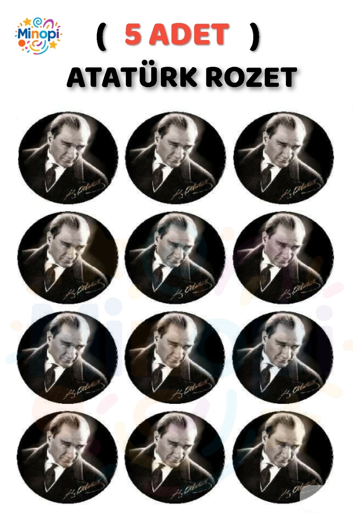 Minopi ( 5 Adet ) Atatürklü Yaka Rozeti Siyah Plastik Atatürk Rozet Öğretmenler Günü Hediyesi Bayrak