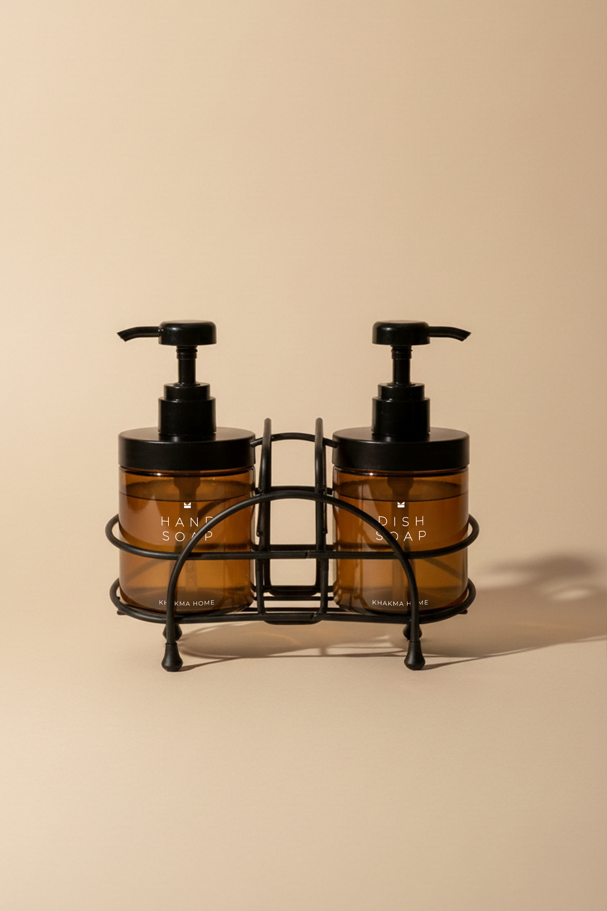 KHAKMA Amber Renk 2’li Cam Sabunluk Seti – Siyah Metal Standlı | El ve Bulaşık Sabunu Seti | 250 ml