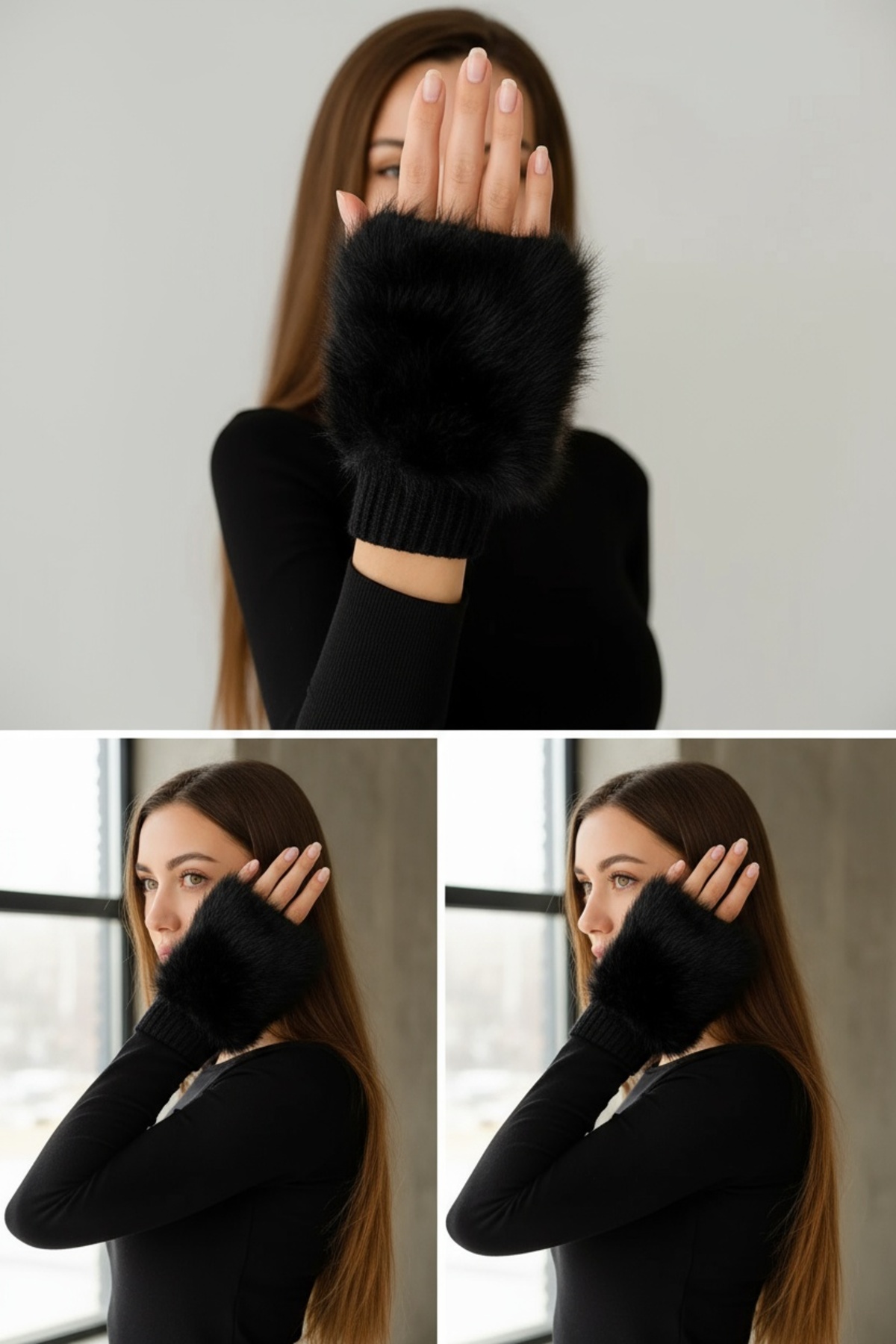 Netodak  Kadın Kürk Detaylı Kesik Parmaksız Eldiven Siyah Yumuşak Dokulu Kışlık Model Faux Soft Peluş Eldiven - Görsel 6