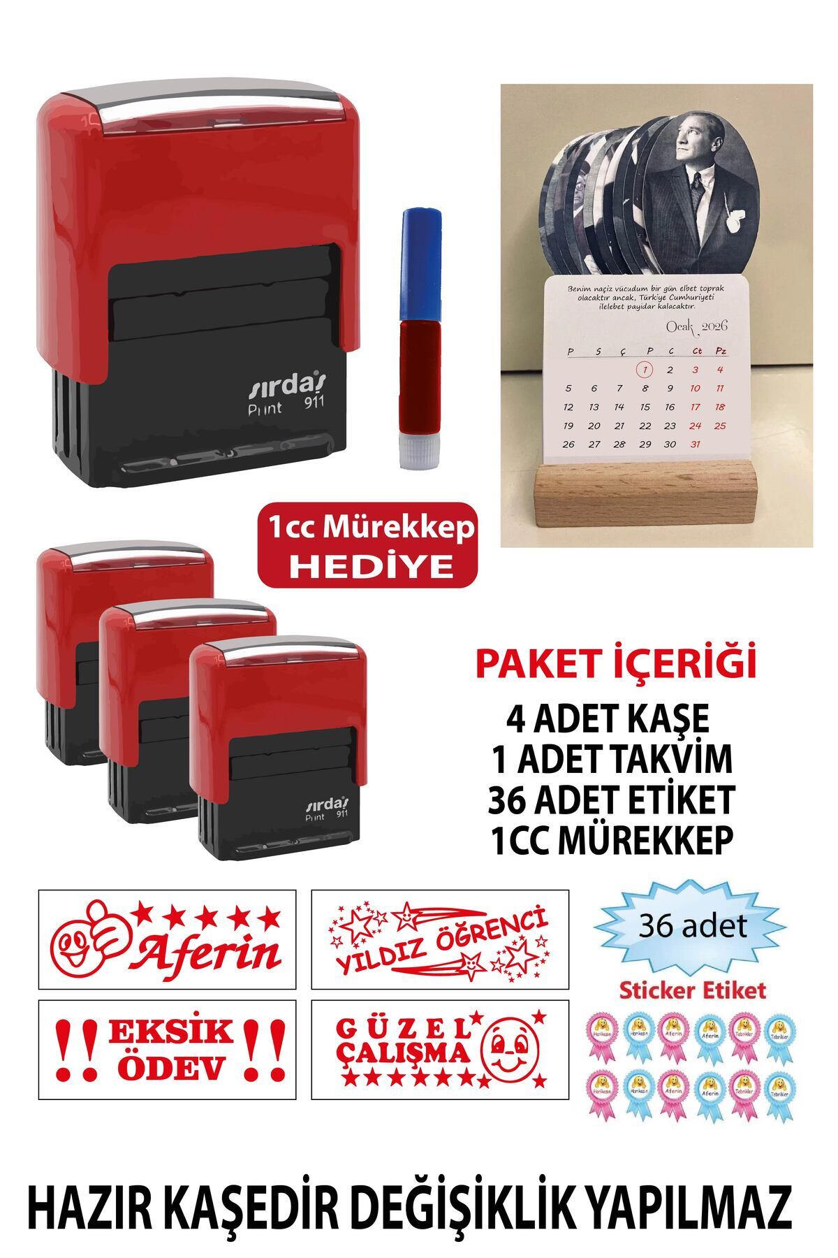 cabuk baskı Sırdaş Kaşe Seti – 4 Adet Kaşe, Mürekkep ve 2026 atatürklü Takvim | Öğretmenler Günü Hediyesi seti