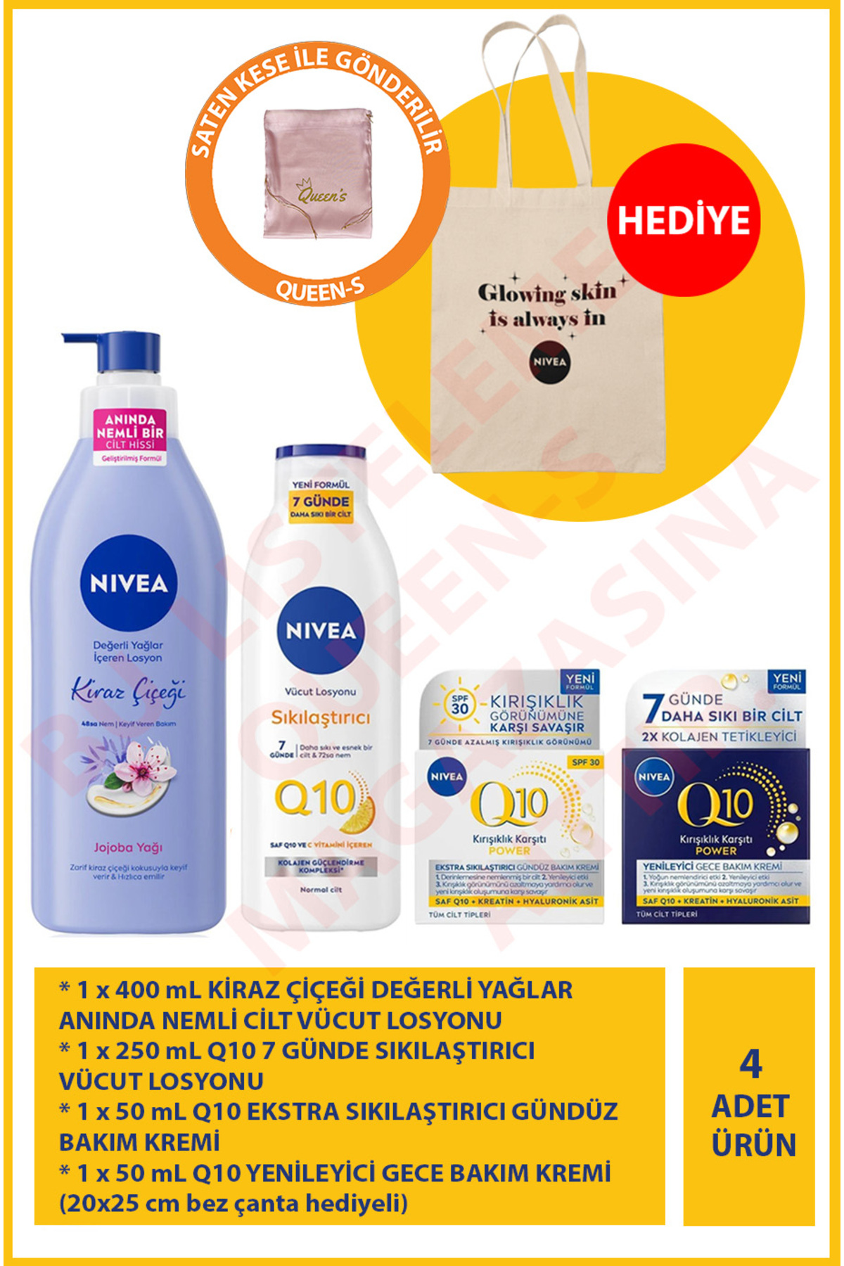 نیوا ست سفت کننده-مرطوب کننده Q10 – ۴۰۰ میلی لیتر + ۲۵۰ میلی لیتر لوسیون + ۵۰ میلی لیتر کرم روز و شب + کیف پارچه ای