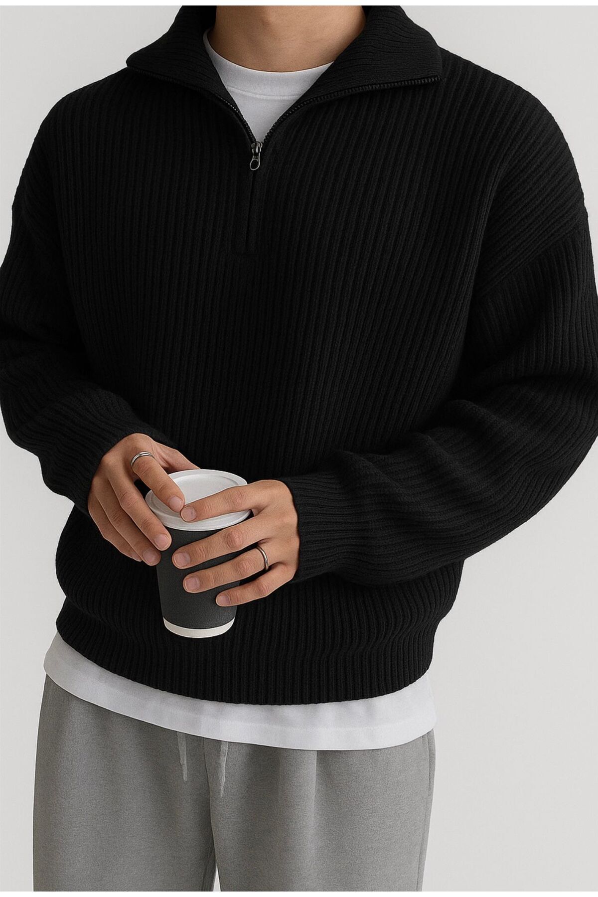 zaos fashion OVERSİZE KALIP DİK YAKA BALIKÇI FERMUARLI SİYAH PAMUKSU KALIN ERKEK TRİKO KAZAK SWEAT