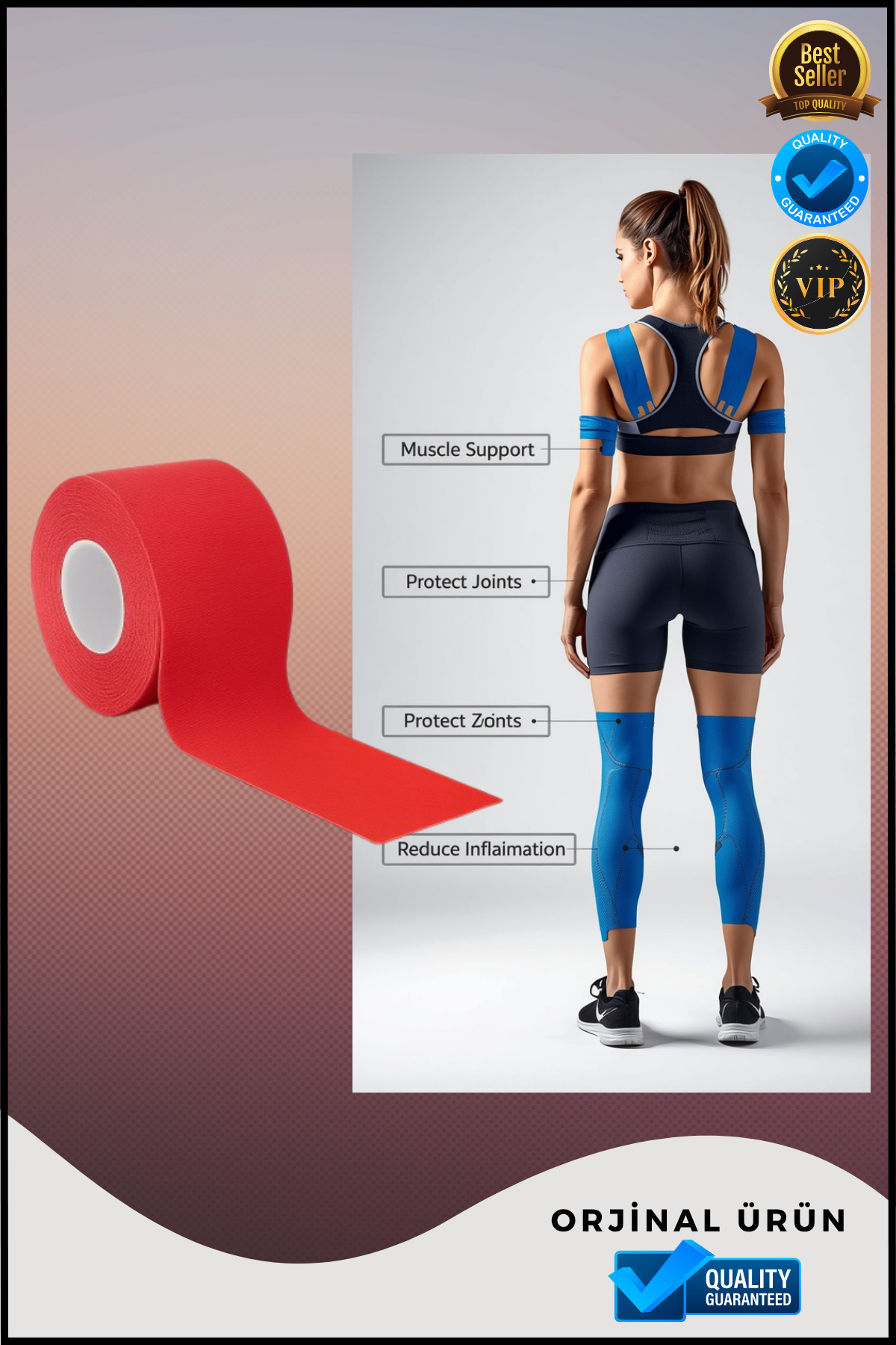 Overbazaar Sporcu Kinezyo Bandı 5m x 5cm | Ağrı Destek, Esnek ve Suya Dayanıklı Kas Destek Bandı – Kırmızı Renk