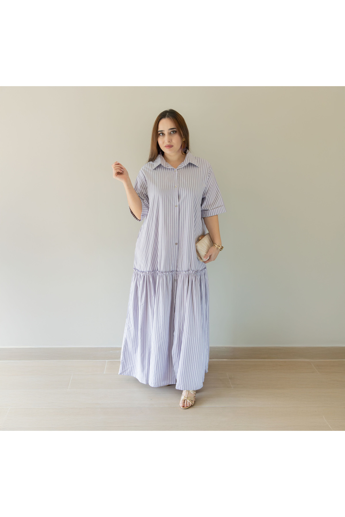 LINELLE Ladies Casual Dress – Polyester Cotton Blend Button Down Printed Maxi