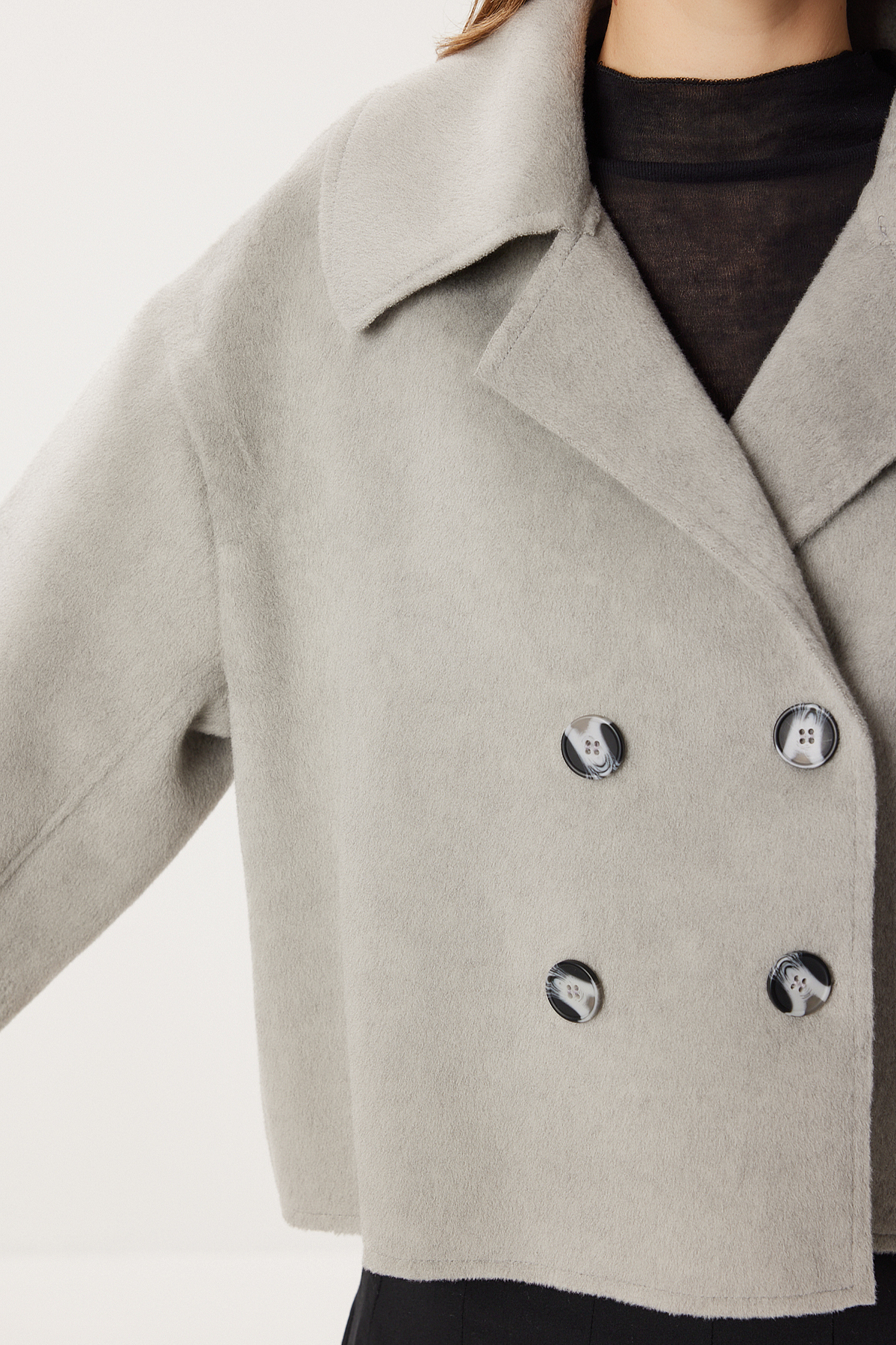 Lovelyİstanbul  Kruvaze Kısa Kaşe Kaban LRG0053 GRİ - Görsel 3