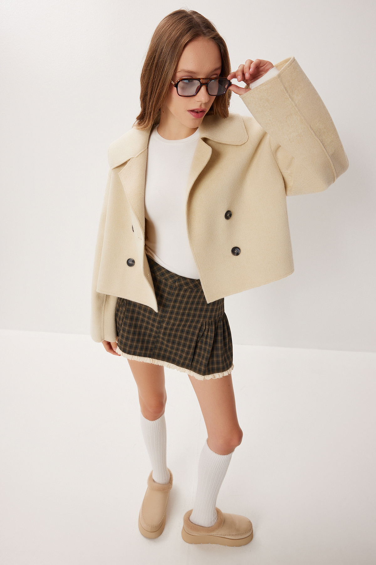 Lovelyİstanbul  Kruvaze Kısa Kaşe Kaban LRG0053 KREM - Görsel 2