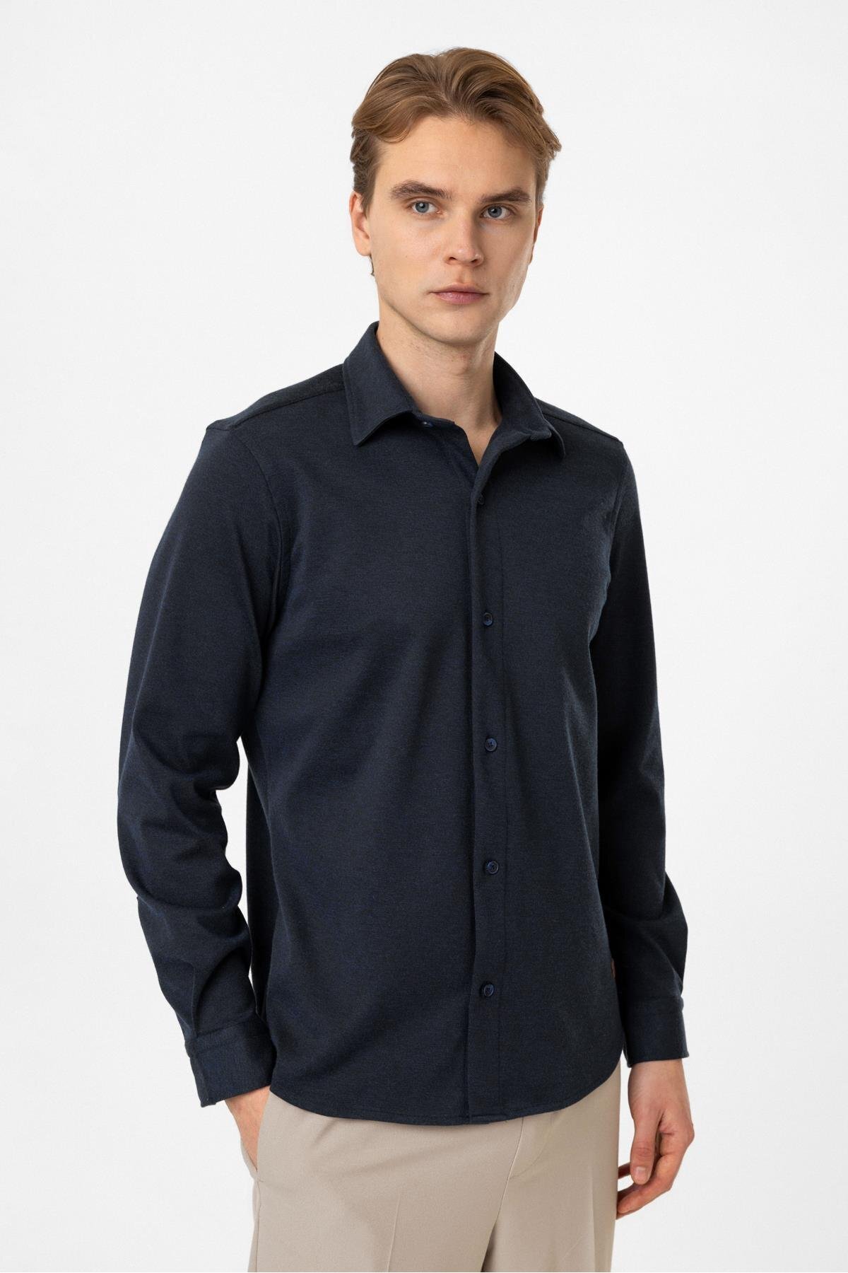 Koyu İndigo Regular Fit Örme Gömlek — رنگارنگ B34W22013-169 — تصویر 2 از 6