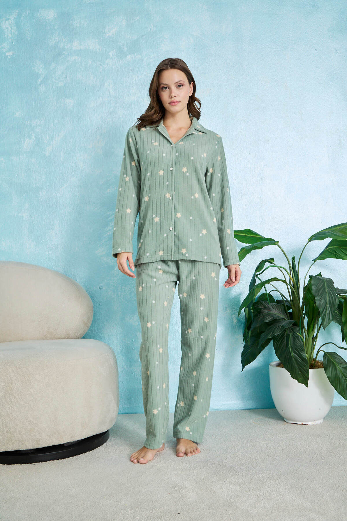 STELLAPİNK Yeşil Fitilii Yıldız Desenli Düğmeli Polar Pijama Takımı görsel 5