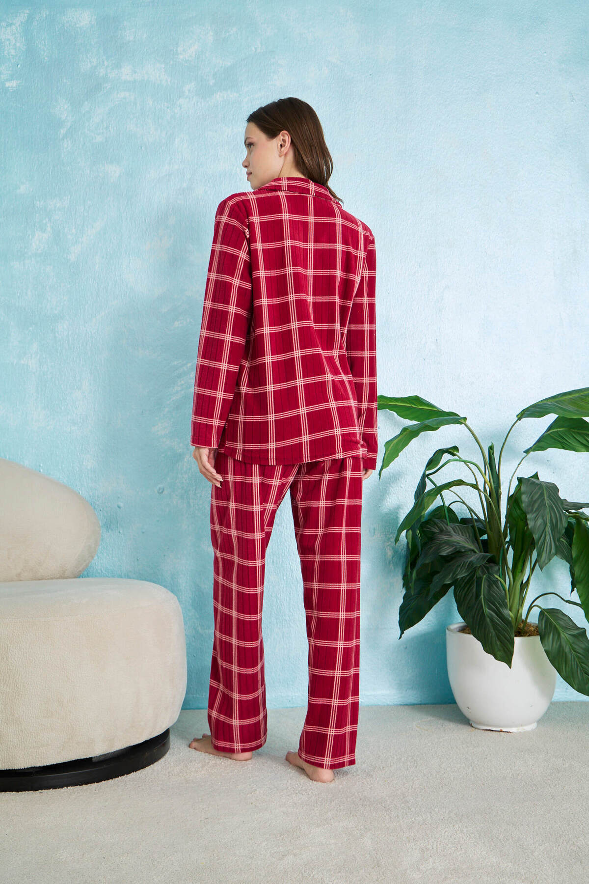 STELLAPİNK Bordo Fitilli Kare Detaylı Düğmeli Polar Pijama Takımı görsel 4