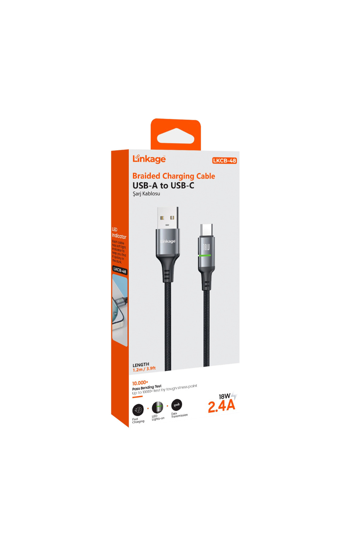 LKCB-48 USB-A to USB-C 18W 2.4A 1.2 Metre LED Göstergeli Şarj Kablosu