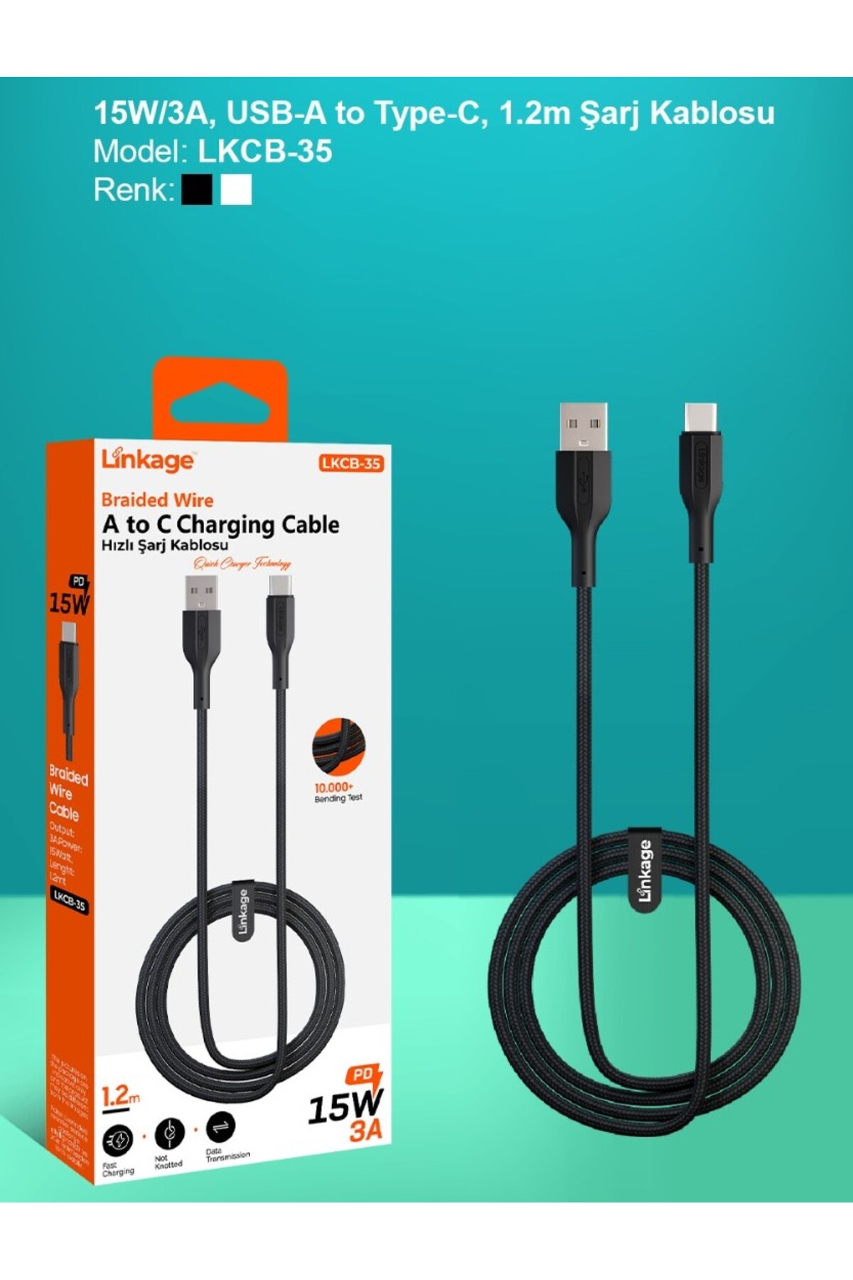 LKCB-35 - 15W 3A USB-A to Type-C 1.2 Metre ŞARJ KABLOSU
