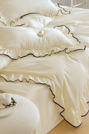 Ricco Lifes Fırfırlı %100 Pamuk Kenar Süslü Ekru Pamuklu Tek Kişilik Nevresim...