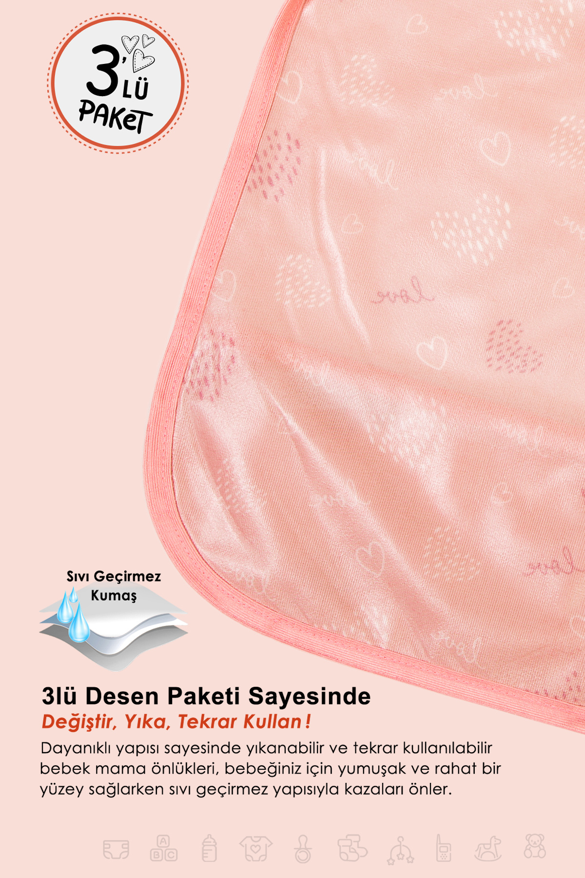 HAMUR Proof 3'lü Sıvı Su Geçirmez Bebek Mama Önlüğü Ağız Silme Mendili Bağlamalı 3 Prç SomonGrup 6-24 Ay fotoğrafı 2 (önizleme)