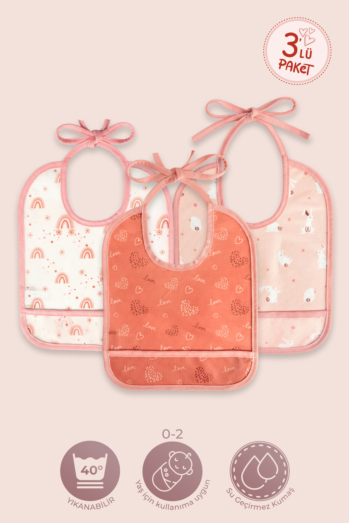 HAMUR Proof 3'lü Sıvı Su Geçirmez Bebek Mama Önlüğü Ağız Silme Mendili Bağlamalı 3 Prç SomonGrup 6-24 Ay fotoğrafı 3 (önizleme)