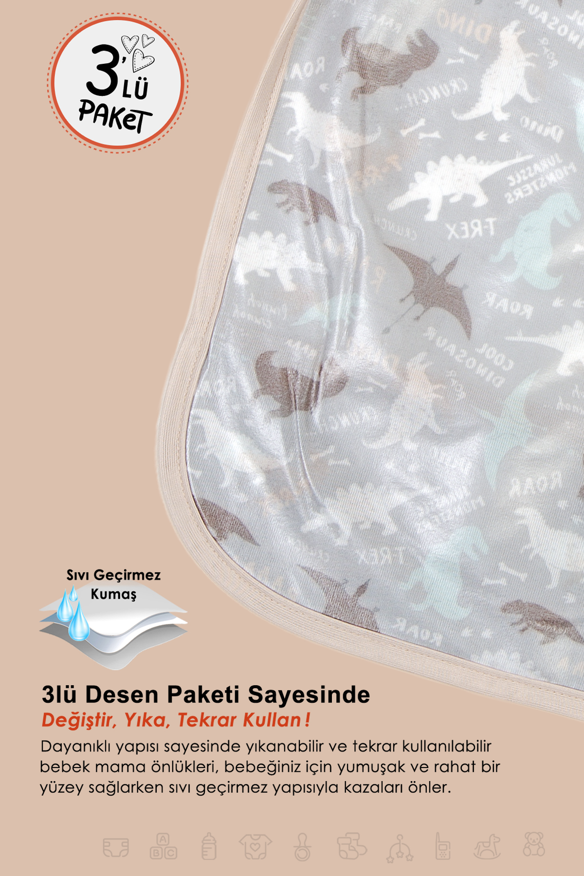 HAMUR Proof 3'lü Sıvı Su Geçirmez Bebek Mama Önlüğü Ağız Silme Mendili Bağlamalı 3 Prç BejGrup 6-24 Ay fotoğrafı 2 (önizleme)