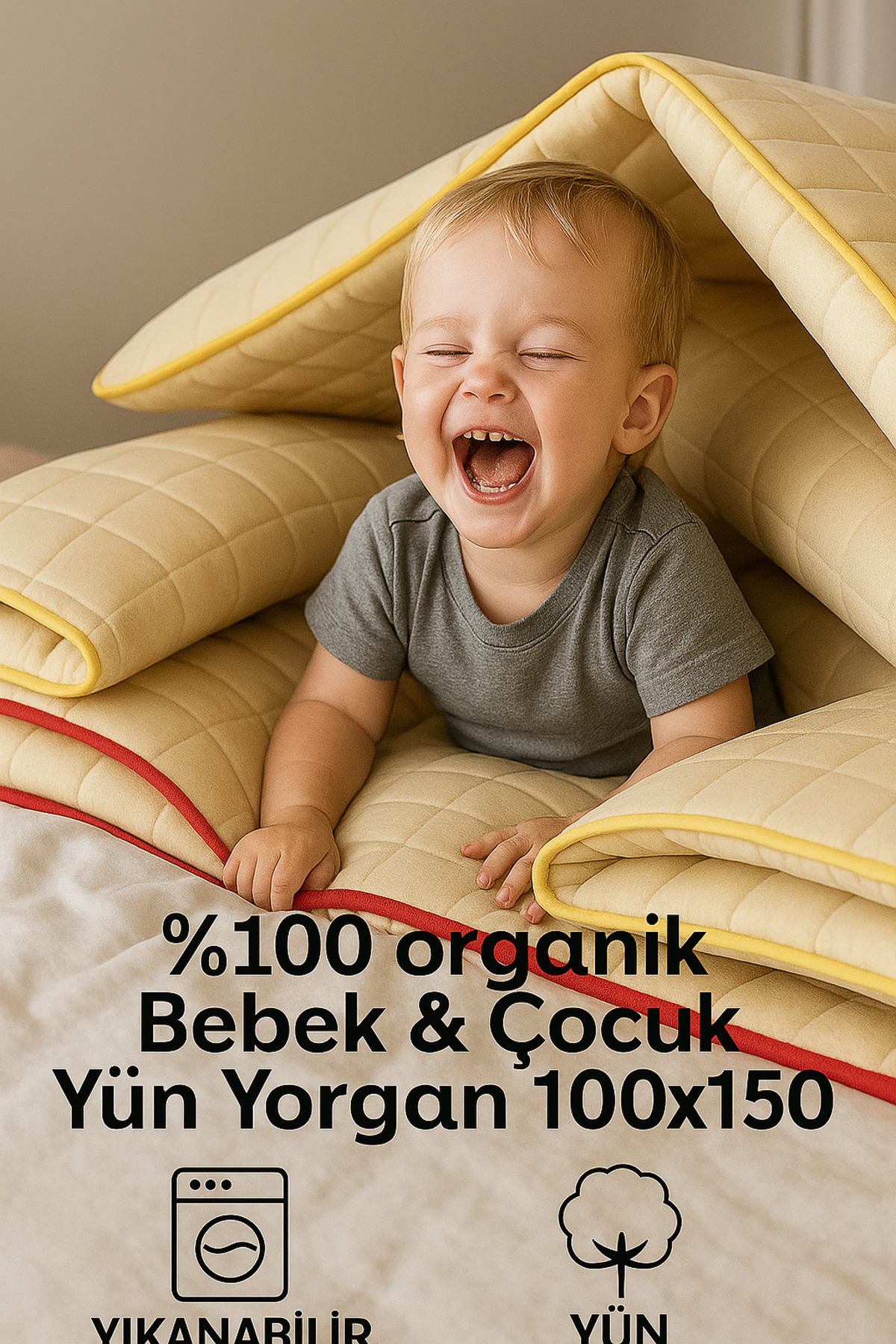 MEŞELİ TEKSTİL Bebebk Çocuk Yün Yorgan Yıkanabilir %100 Organik | Dayanıklı Hızlı Kuruma Biye Detaylı